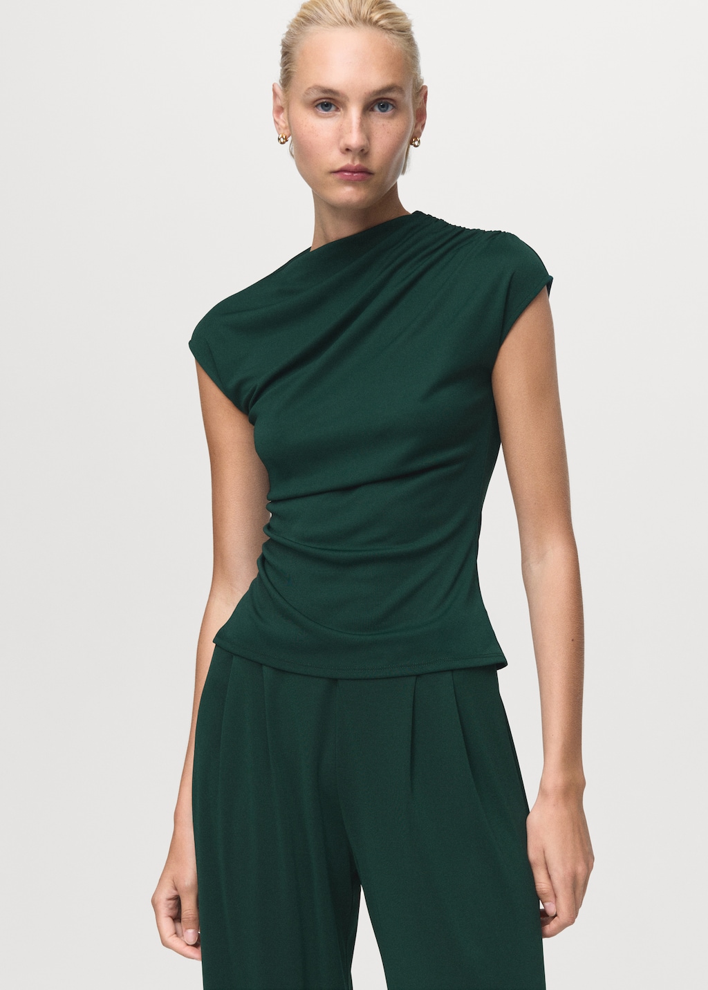 T-shirt with gathered asymmetrical neck