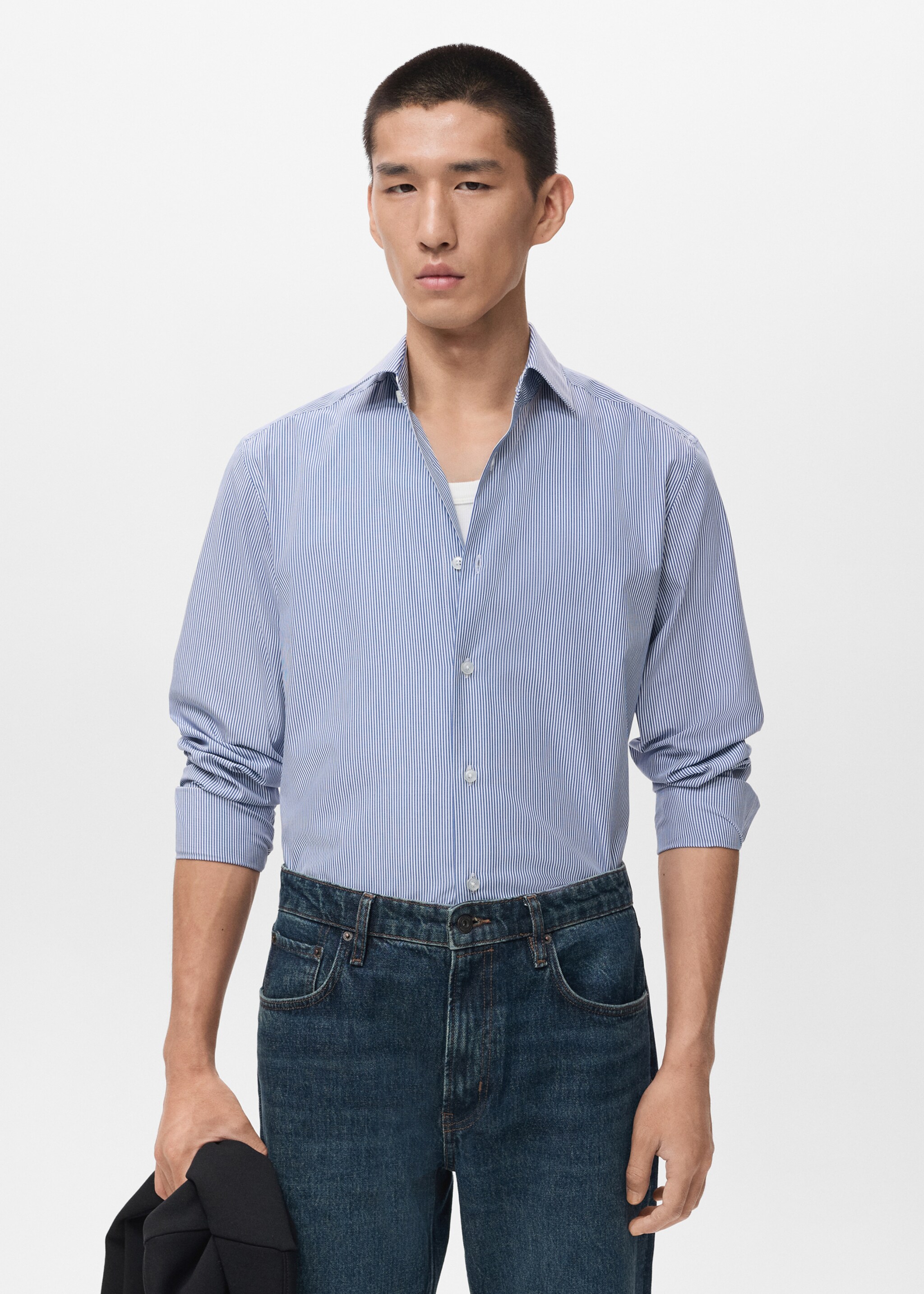 Camisa  100% algodón rayas slim fit - Plano medio, Azul. Ref: 17046001-00.
