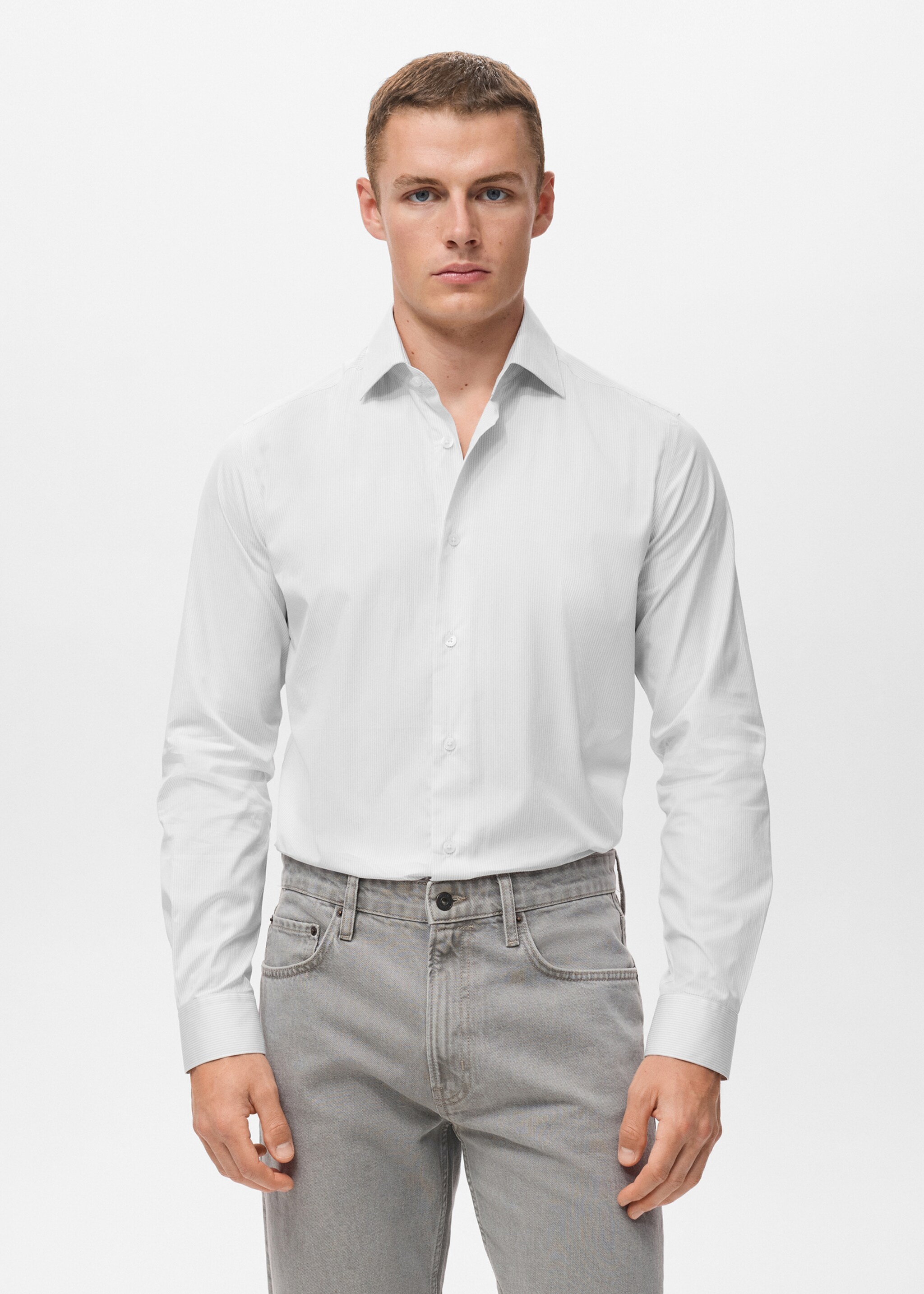 Camisa  100% algodón rayas slim fit - Plano medio, Gris. Ref: 17046001-00.