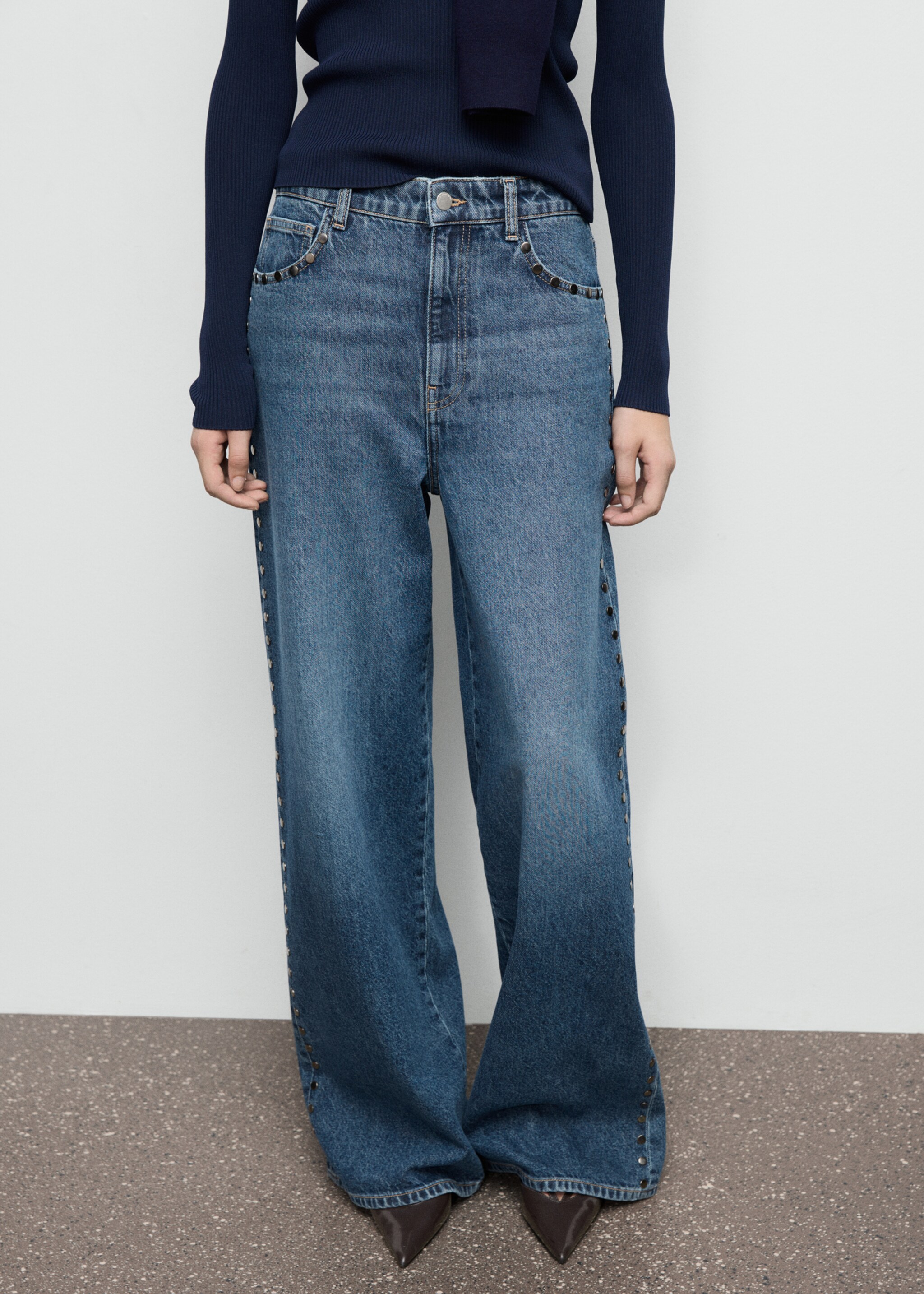 Wide leg studded jeans - Medium plane, Dark Blue. Ref: 17046004-00.