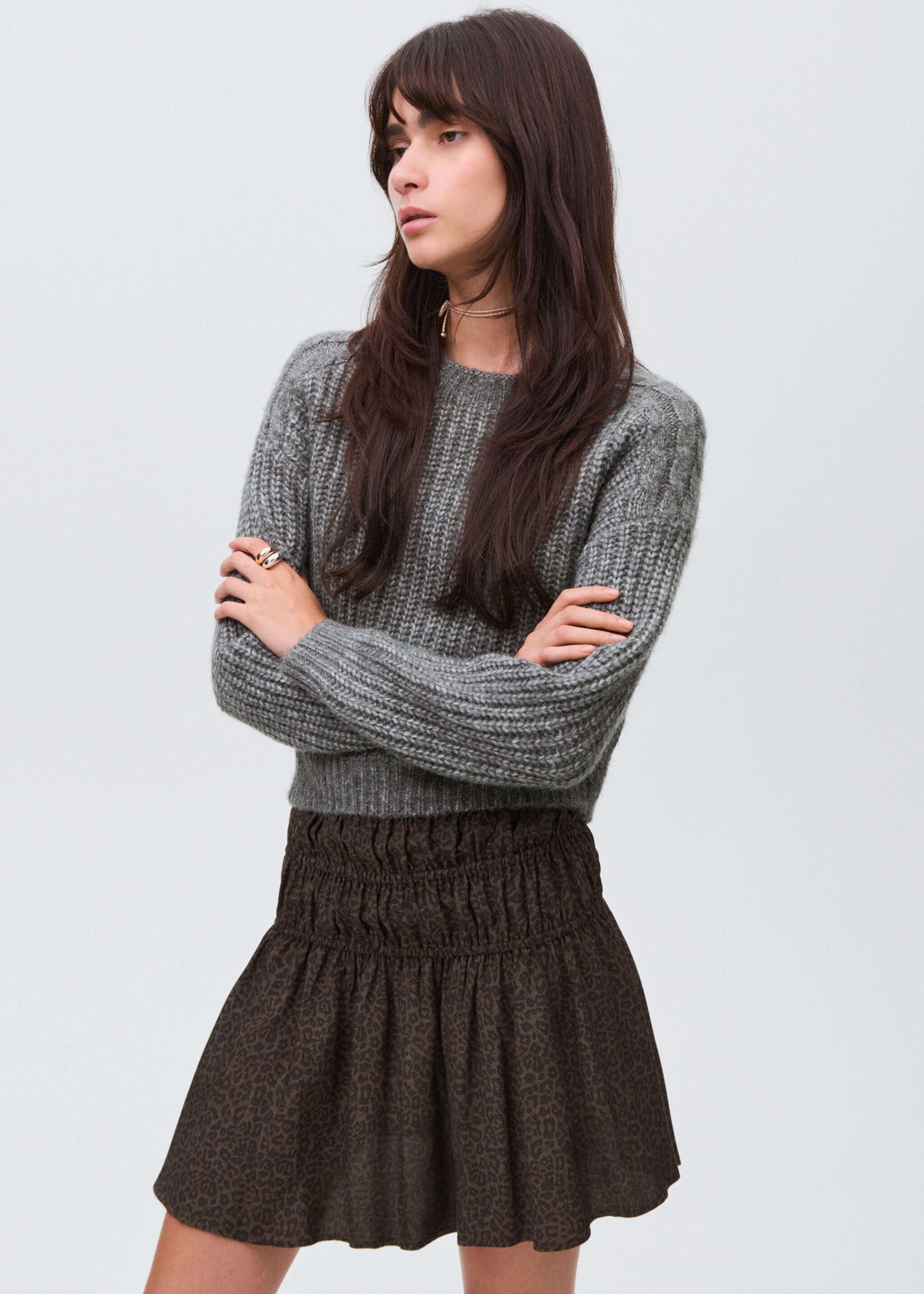 Leopard-print gathered skirt - Details of the article 1, Brown. Ref: 17046332-00.