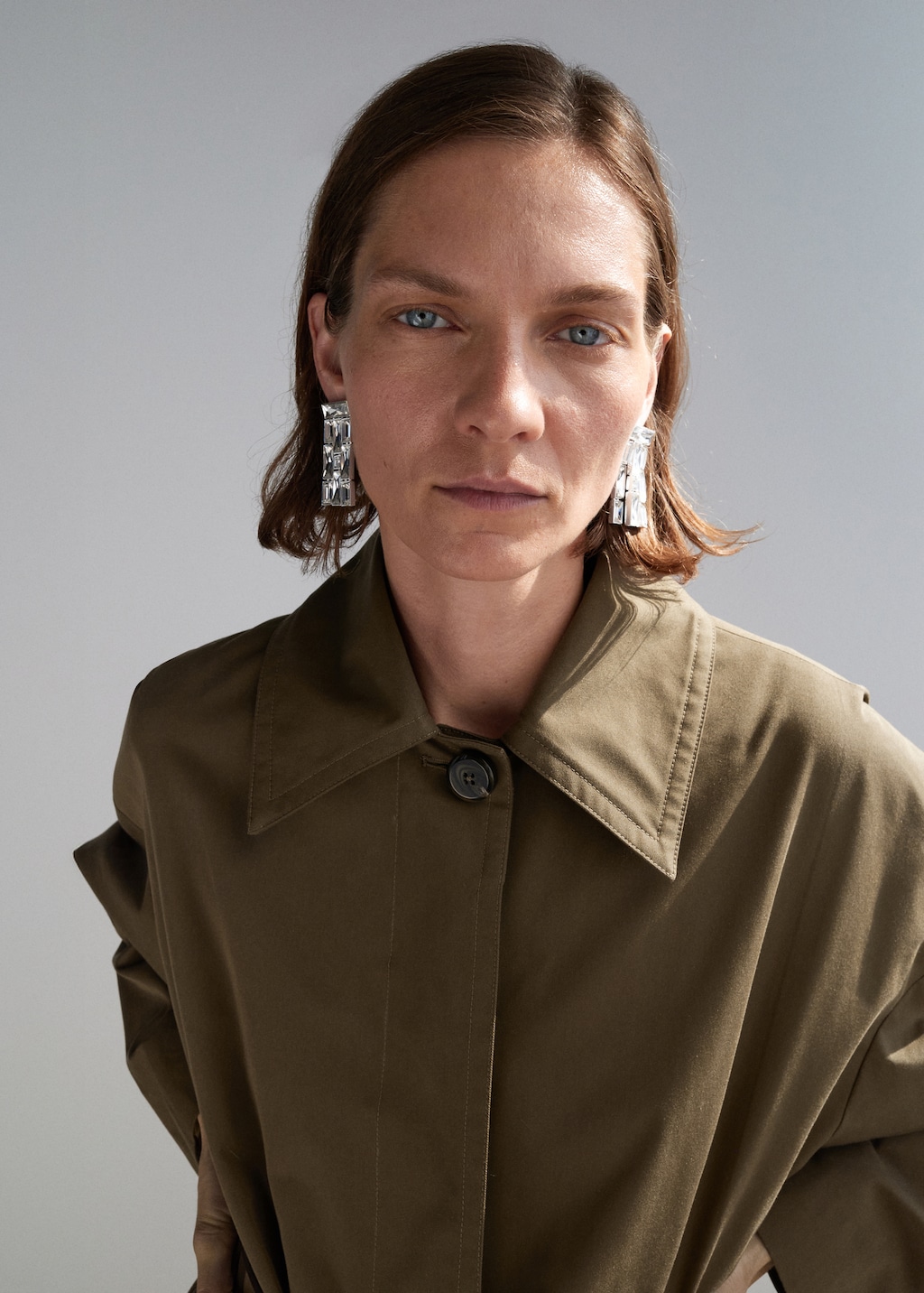 Long cotton trench coat with concealed buttons