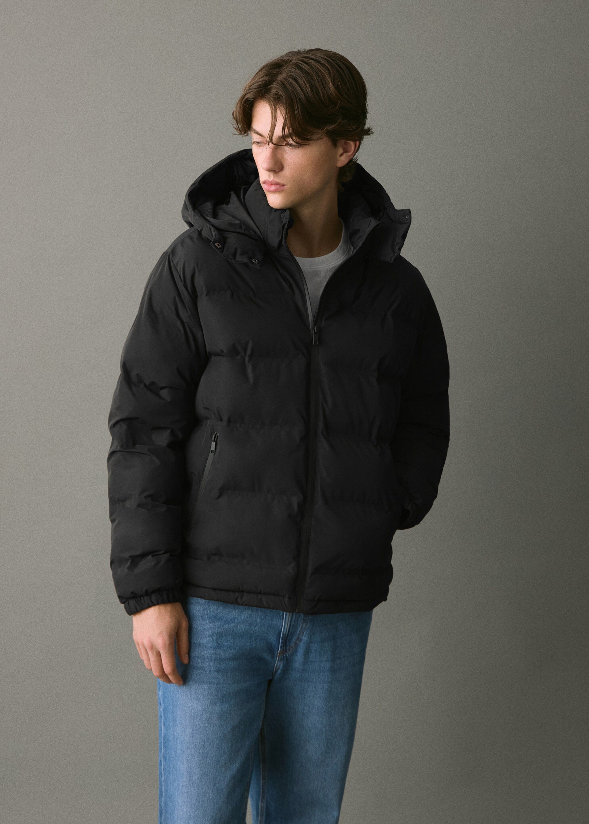Hood quilted coat - Medium plane, Black. Ref: 17046721-00.