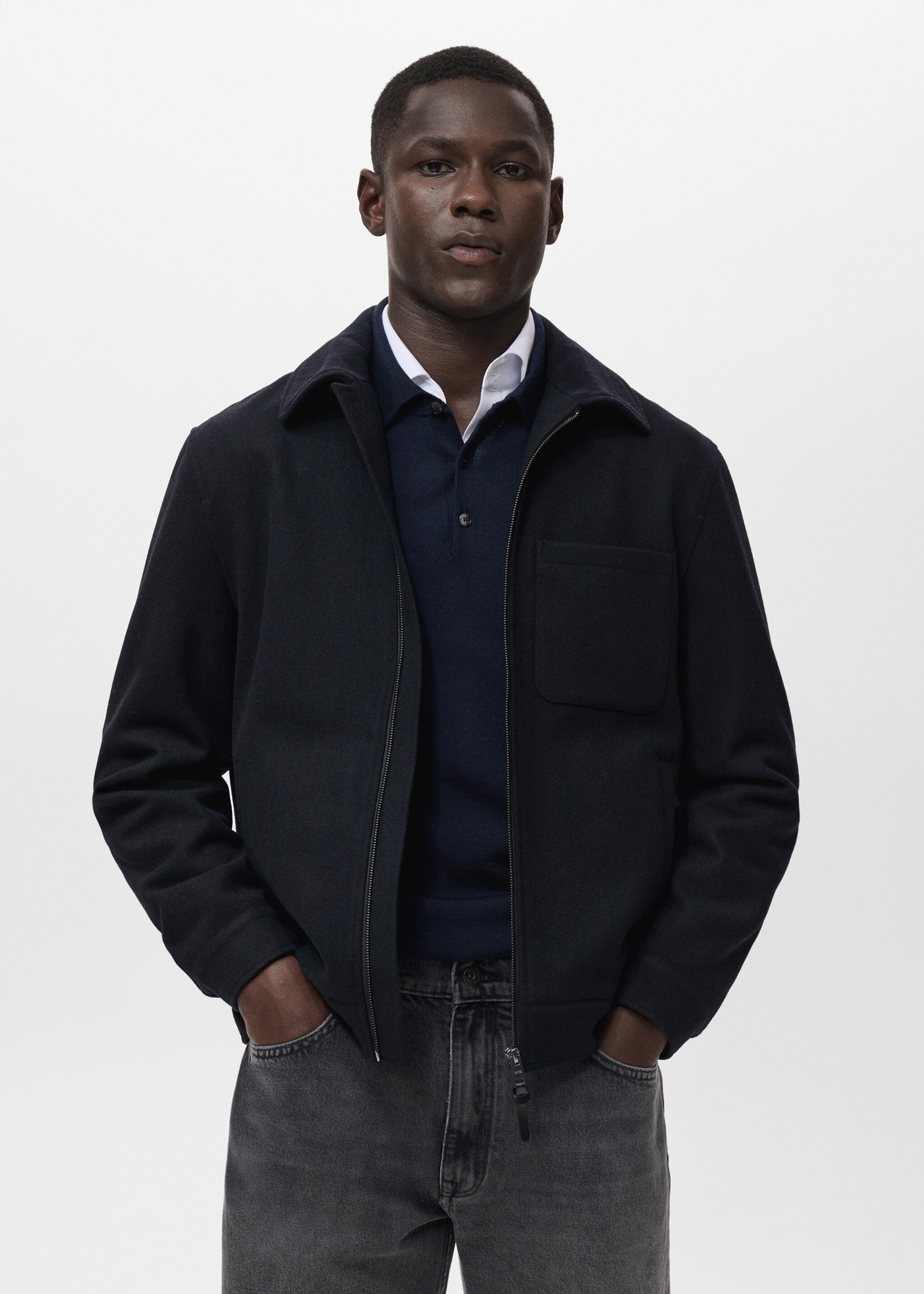 Wool Blend Jacket with Pocket - Medium plane, Navy. Ref: 17046722-00.
