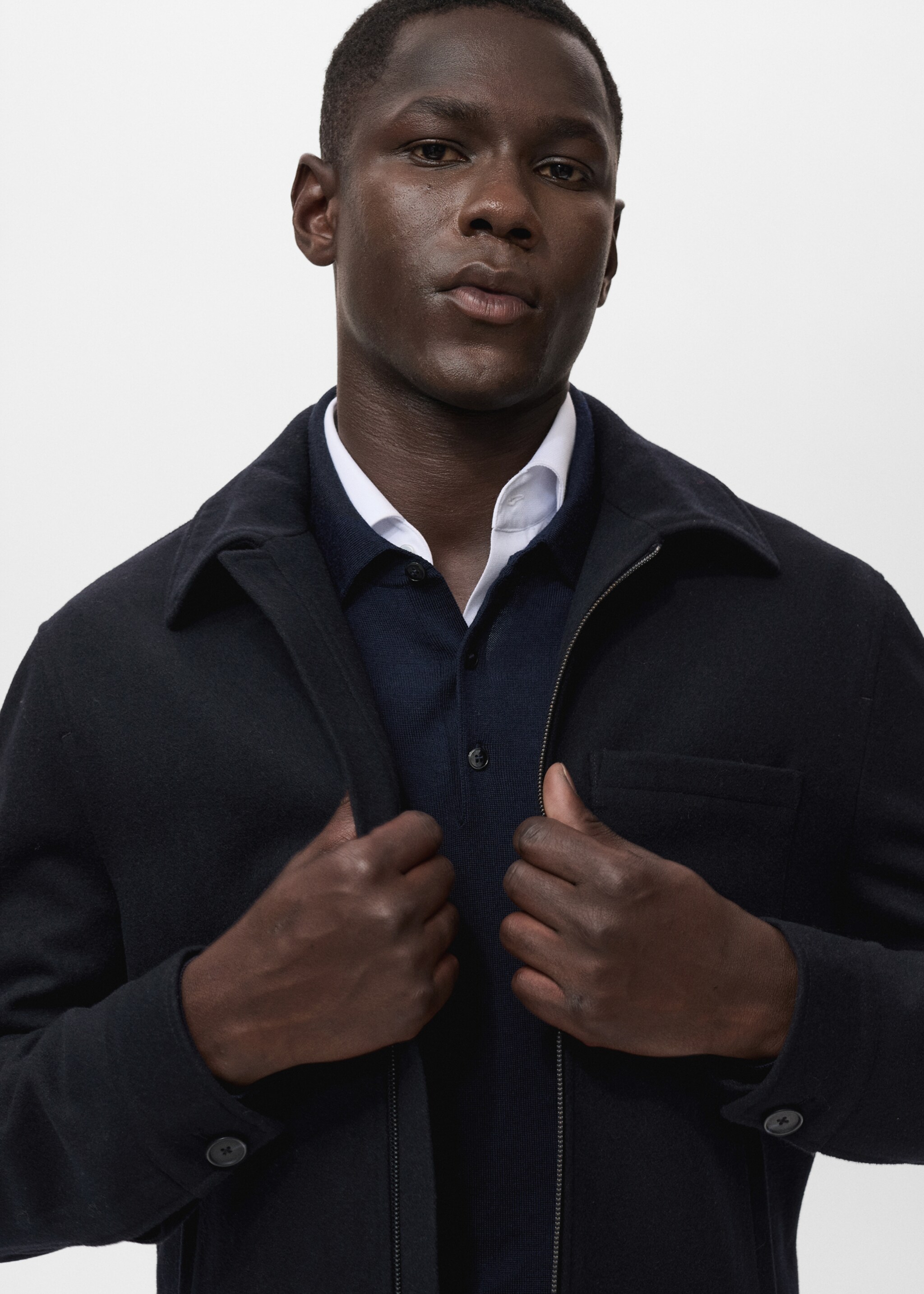 Wool Blend Jacket with Pocket - Details of the article 1, Navy. Ref: 17046722-00.
