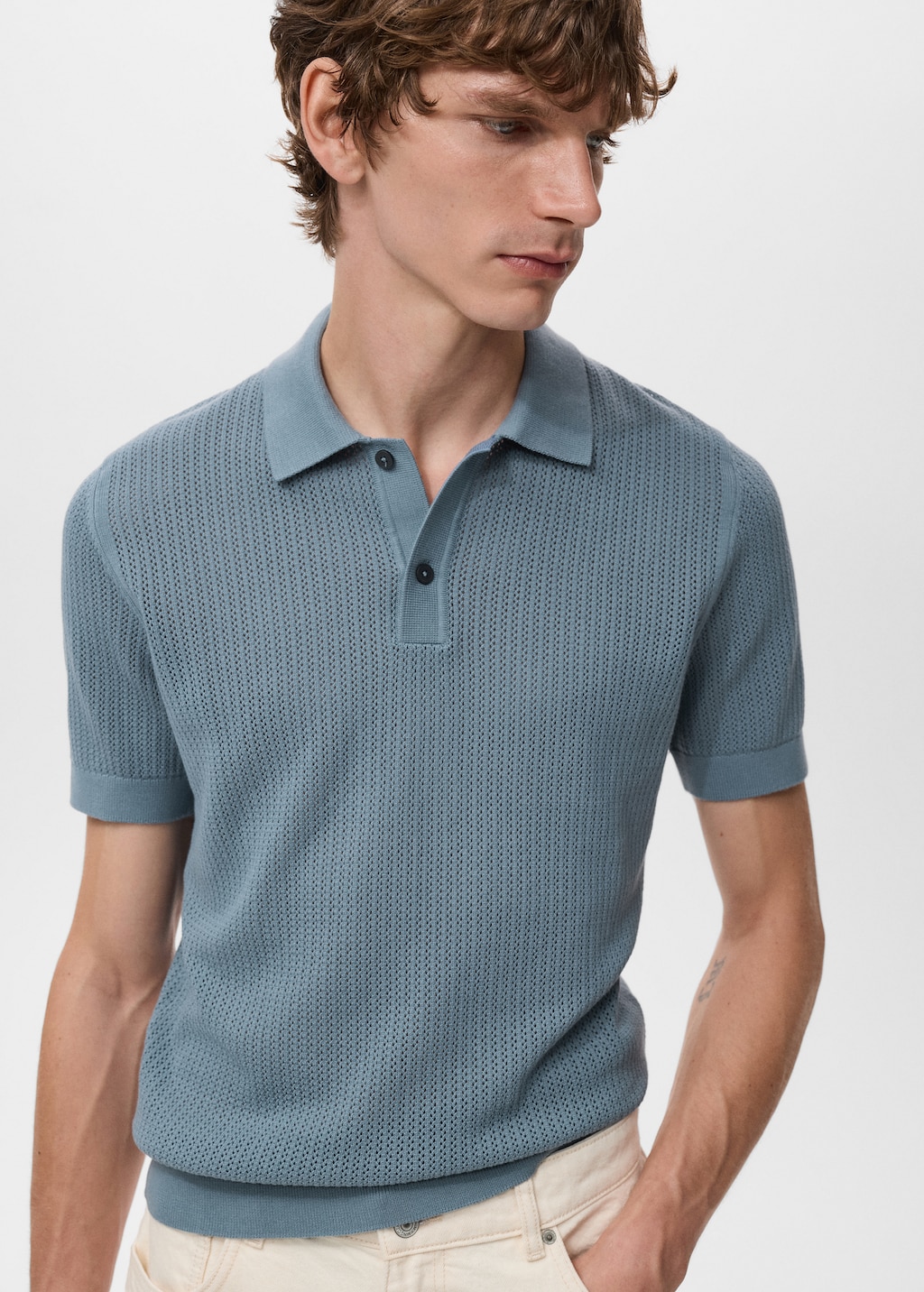 【CTHY】WOOL MOHAIR KNIT POLO SHIRT ターコイズ Knitted cotton polo shirt with lace pattern - Men | MANGO USA
