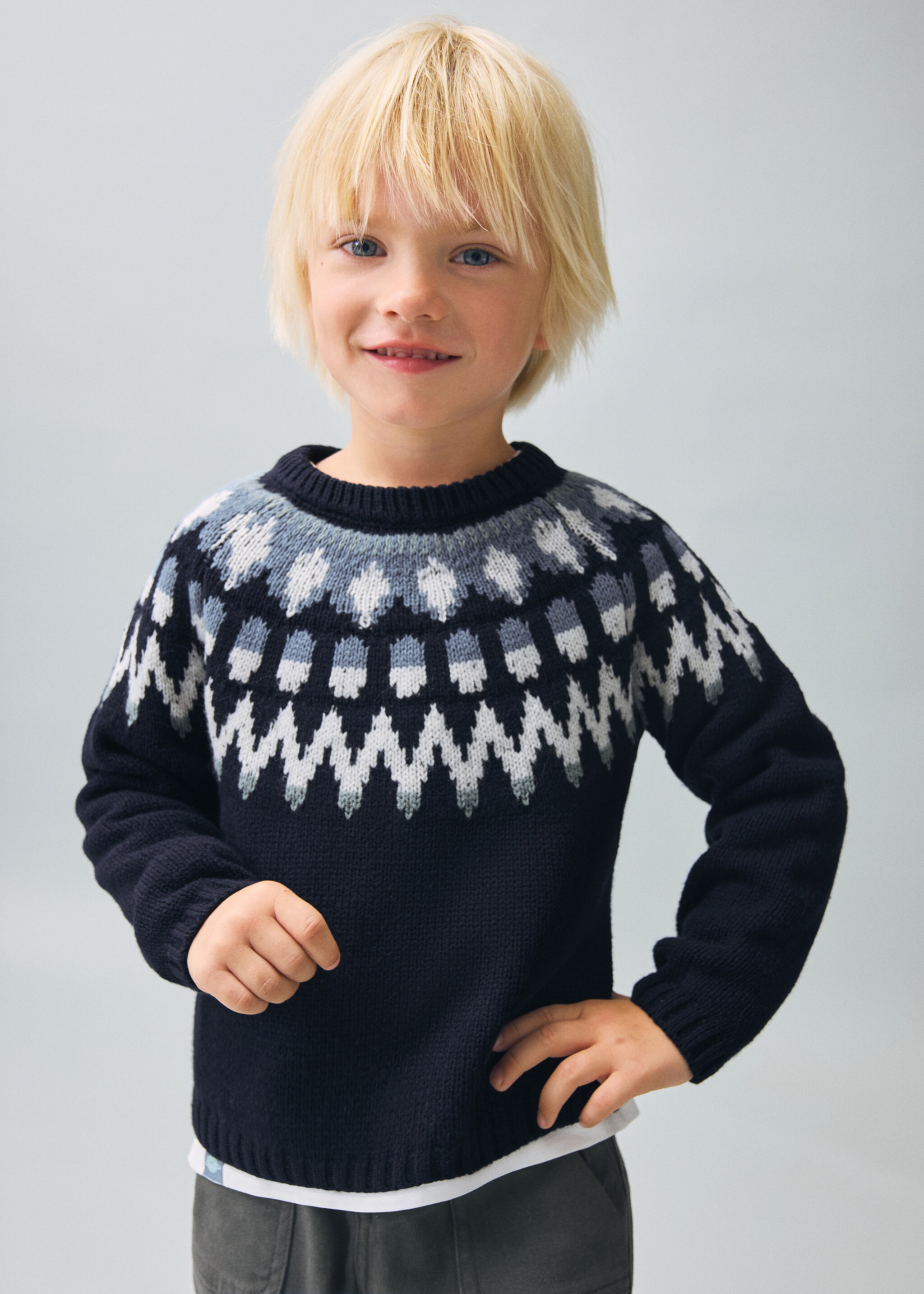 Pull-over maille jacquard - Plan moyen, Bleu marine. Ref: 17047810-00.
