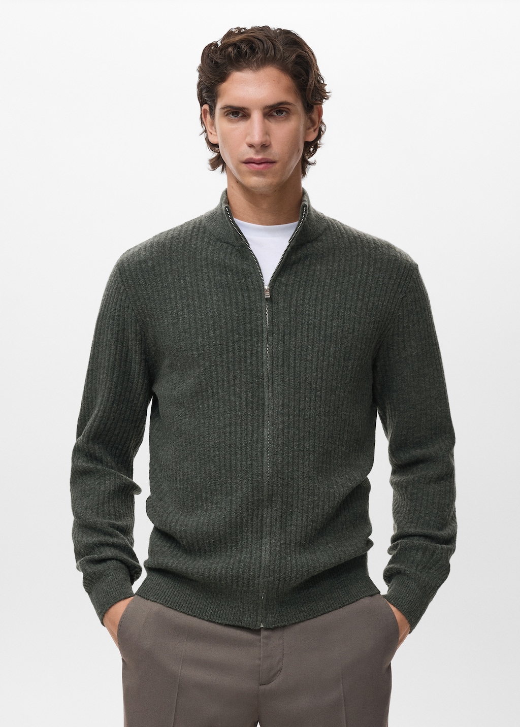 Ribbed-knit cardigan with zipper