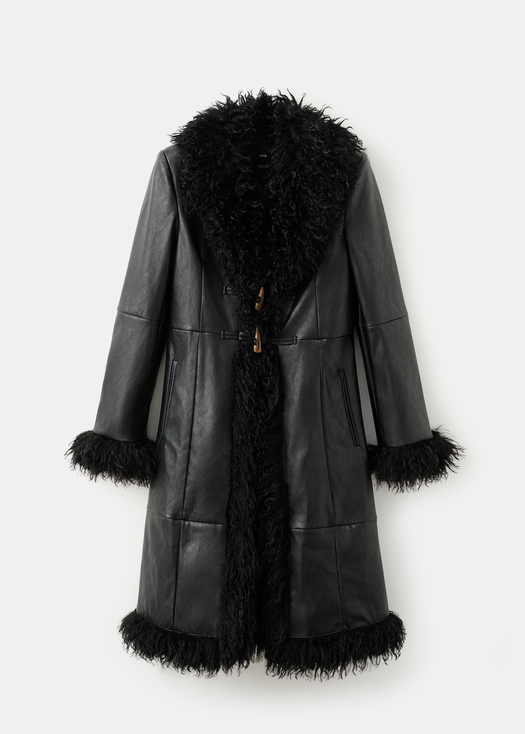 Faux-leather coat with fur trim