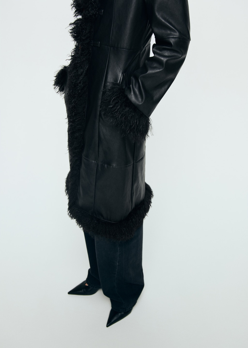 Faux-leather coat with fur trim