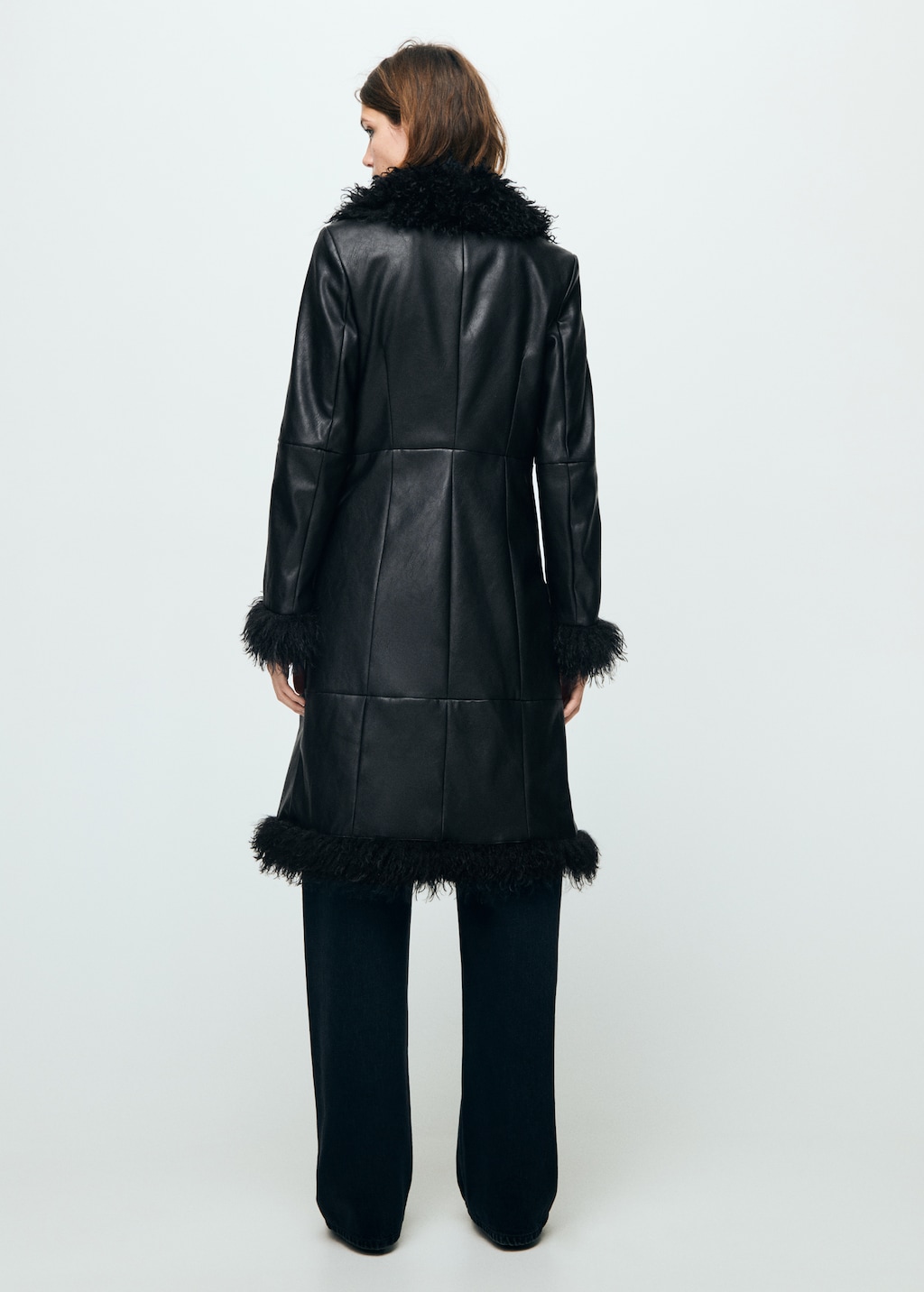 Faux-leather coat with fur trim
