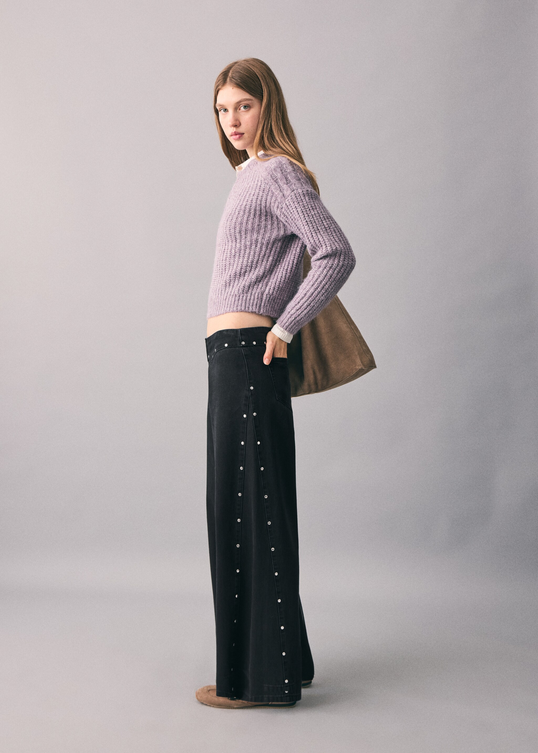 Jeans wideleg tachuelas - Plano medio, Denim negro. Ref: 17048267-00.