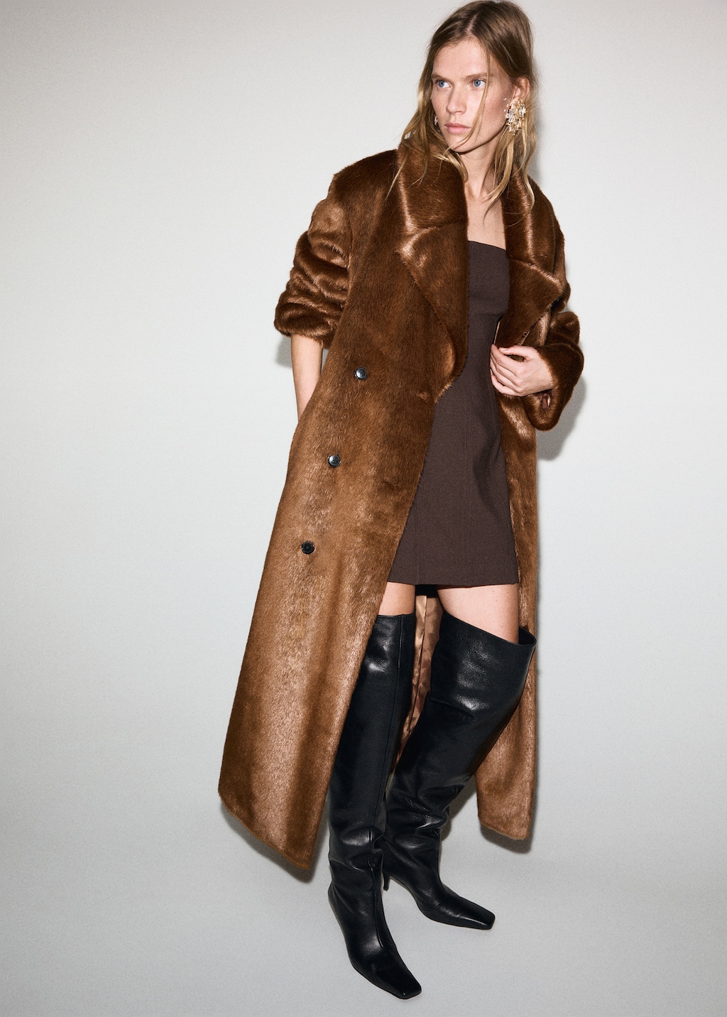 Faux fur effect coat with belt