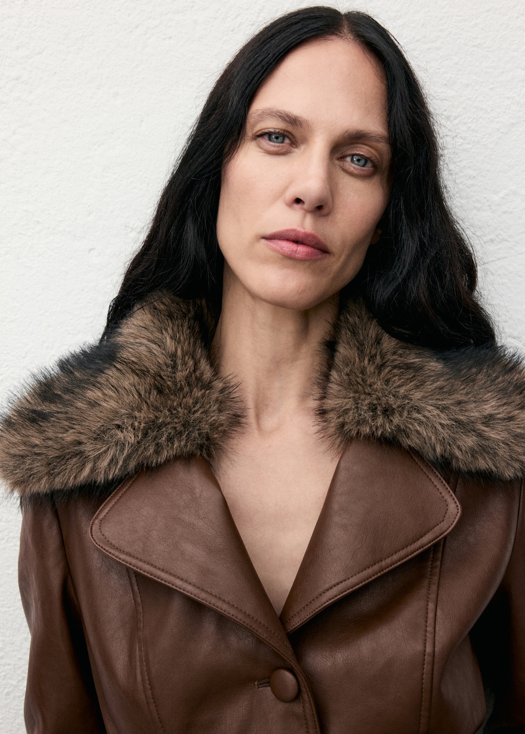 Mango Faux-leather coat with fur collar thumbnail