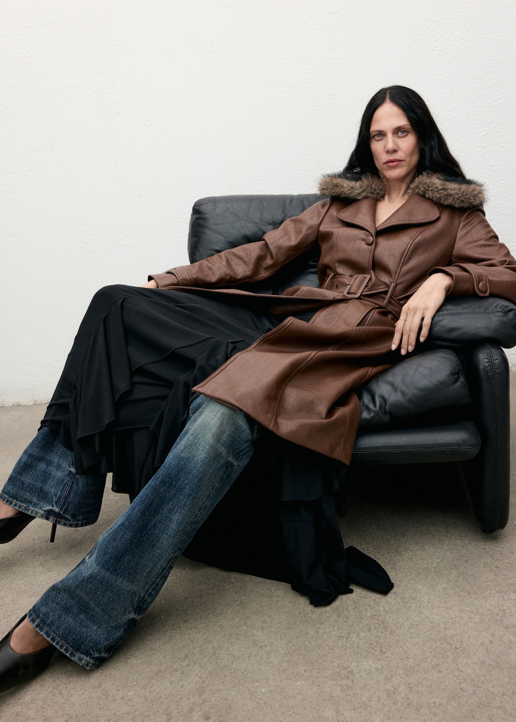 Mango Faux-leather coat with fur collar thumbnail