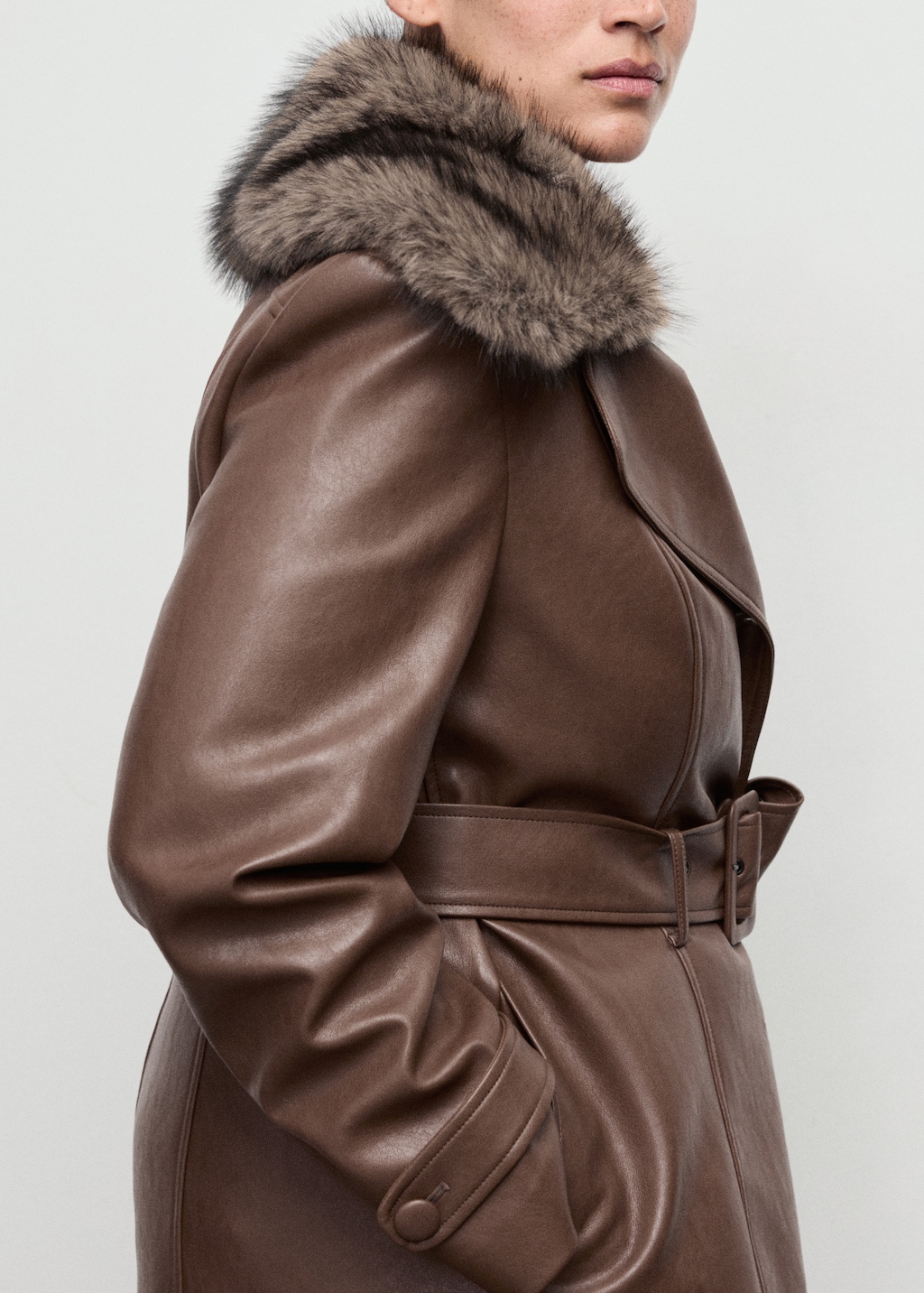 Mango Faux-leather coat with fur collar thumbnail