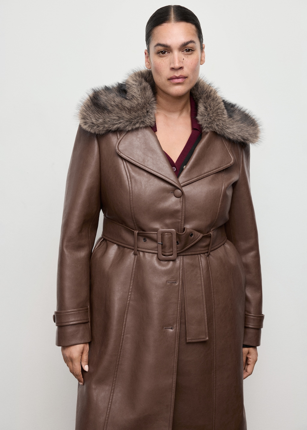 Mango Faux-leather coat with fur collar thumbnail