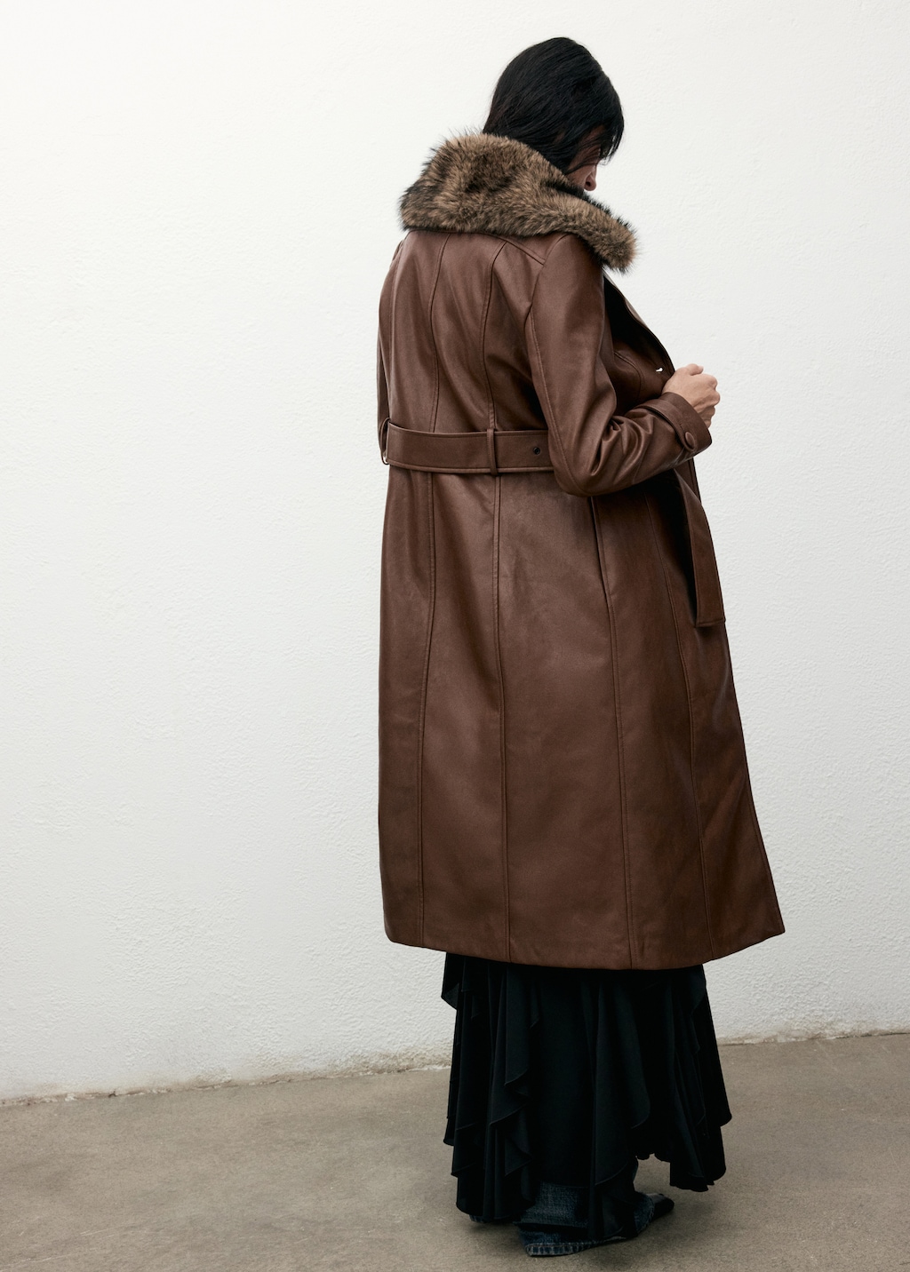 Mango Faux-leather coat with fur collar thumbnail