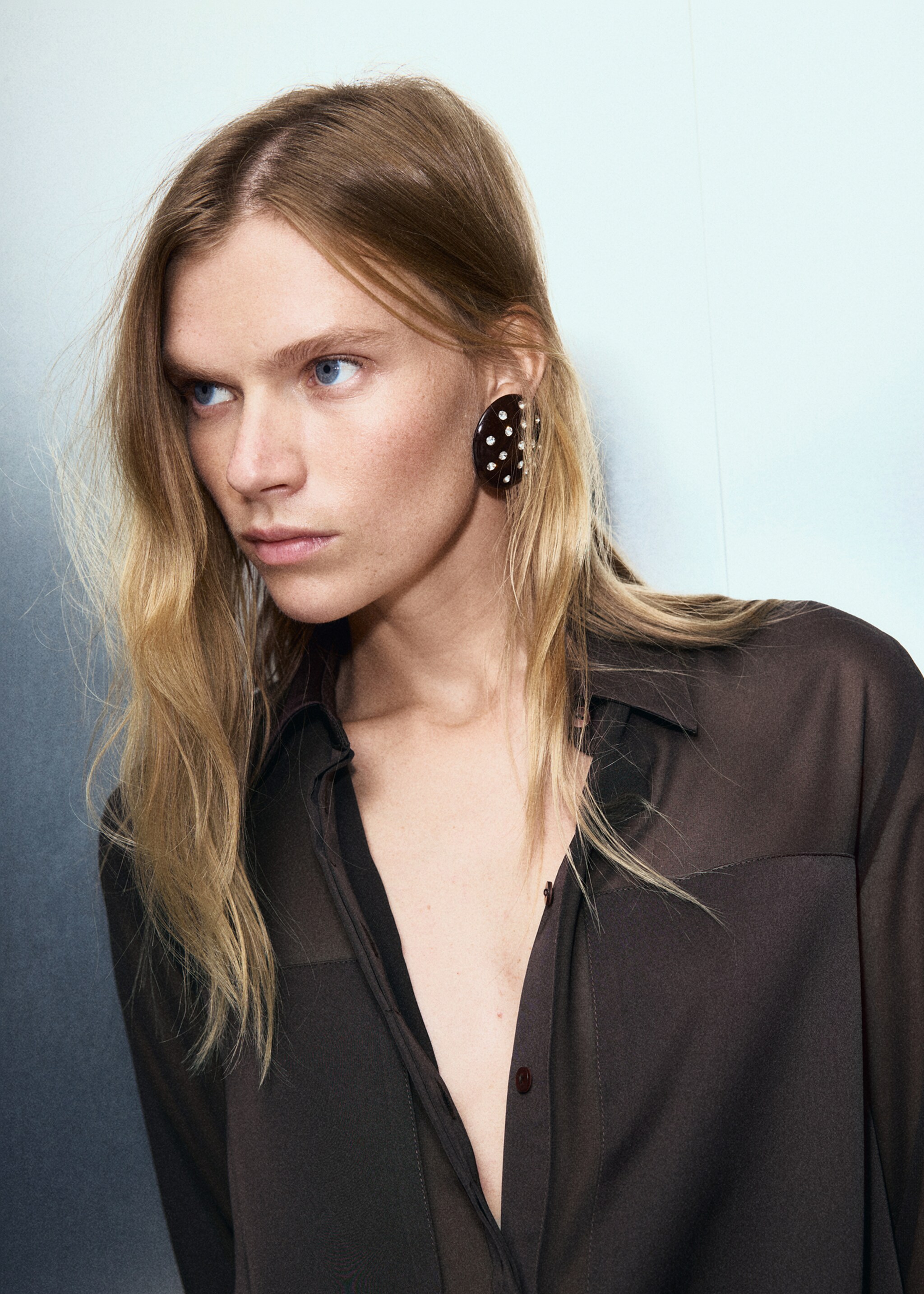 Semi-transparent blouse with patches - Medium plane, Chocolate. Ref: 17049104-00.