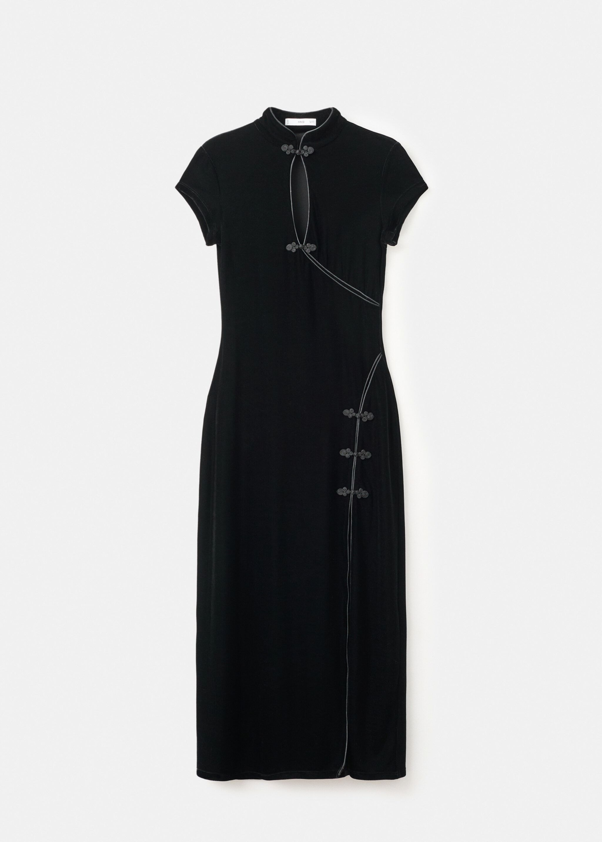 Vestido de veludo com alamares e abertura - Artigo sem modelo, Preto. Ref: 17049113-00.
