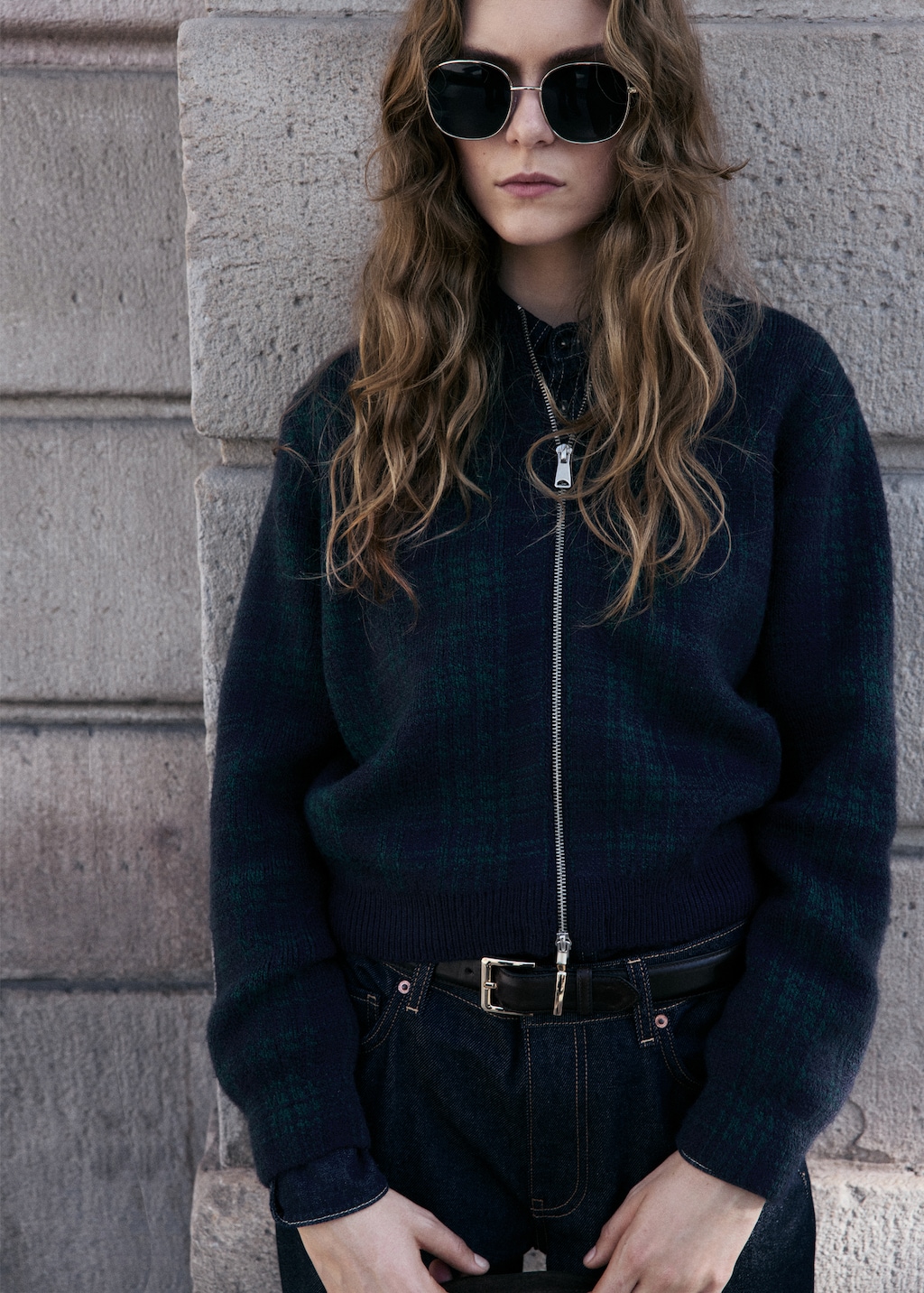 Checkered zipper cardigan