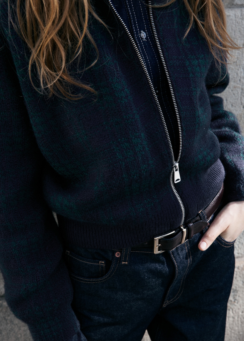 Checkered zipper cardigan