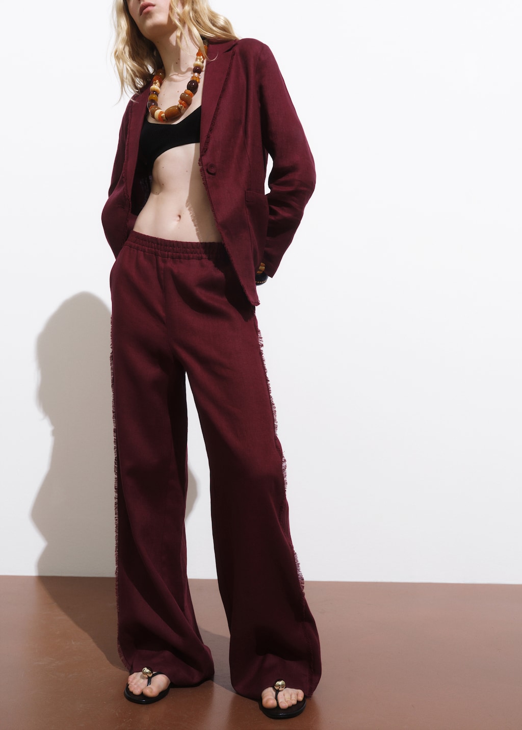 Linen suit pants with frayed ends