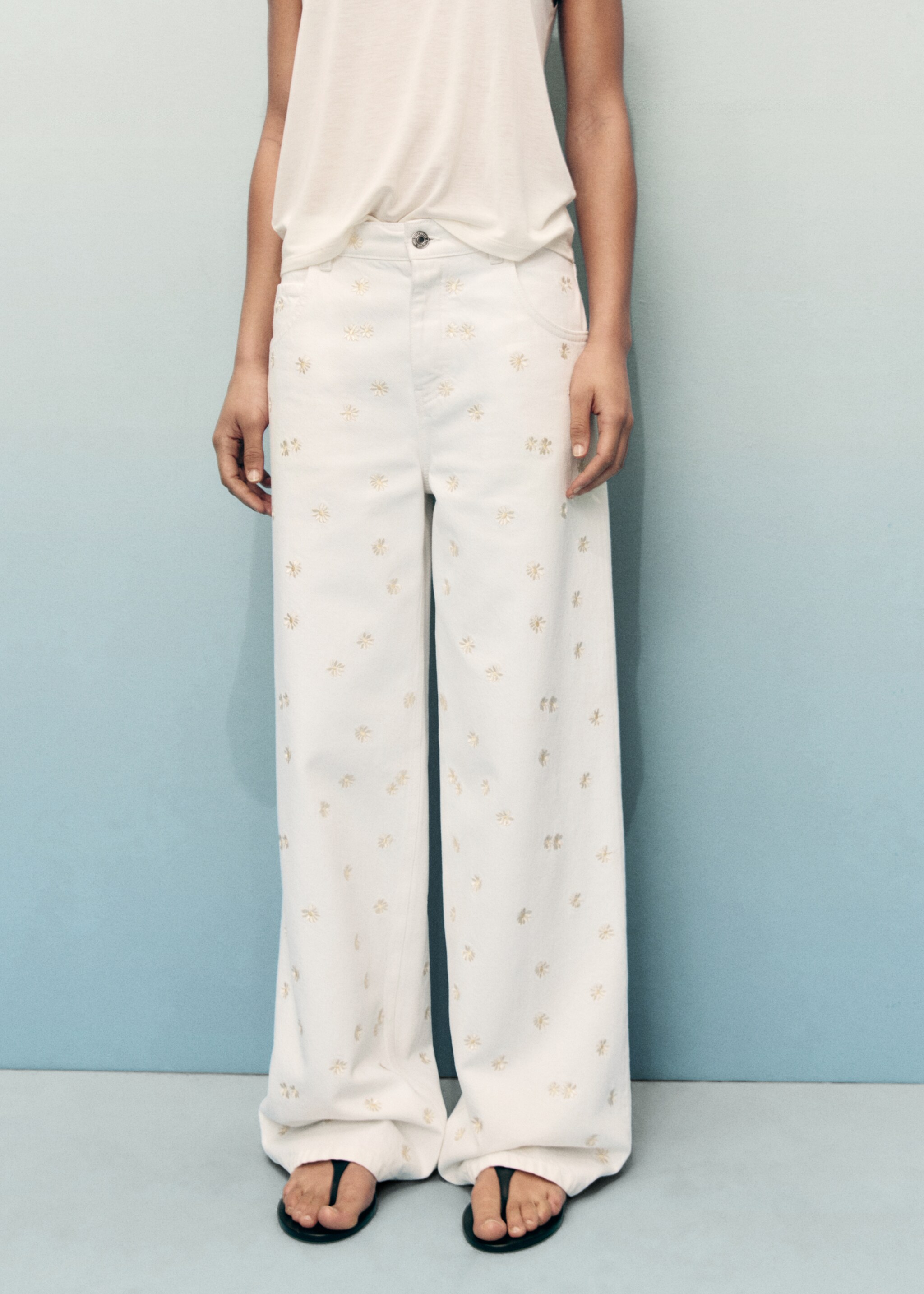 Flower-embroidered wide-leg jeans - Medium plane