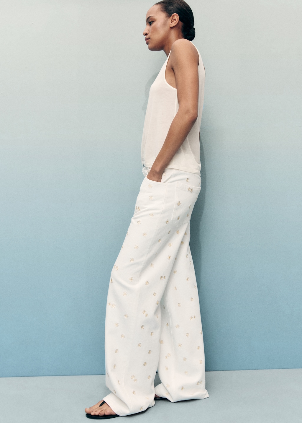 Flower-embroidered wide leg jeans - Women | MANGO USA