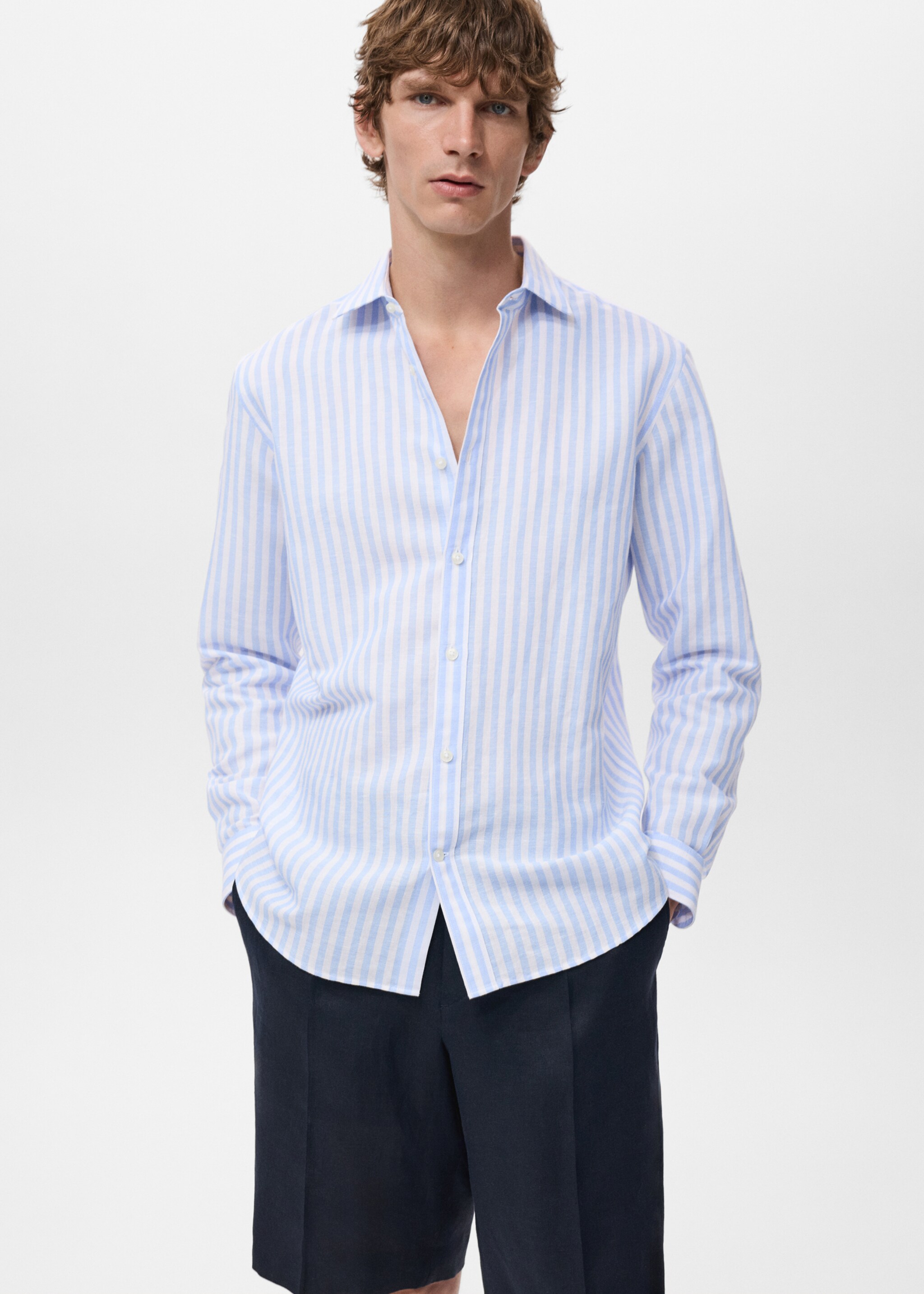 Regular-fit striped cotton-linen shirt - Medium plane, Blue. Ref: 17051290-00.