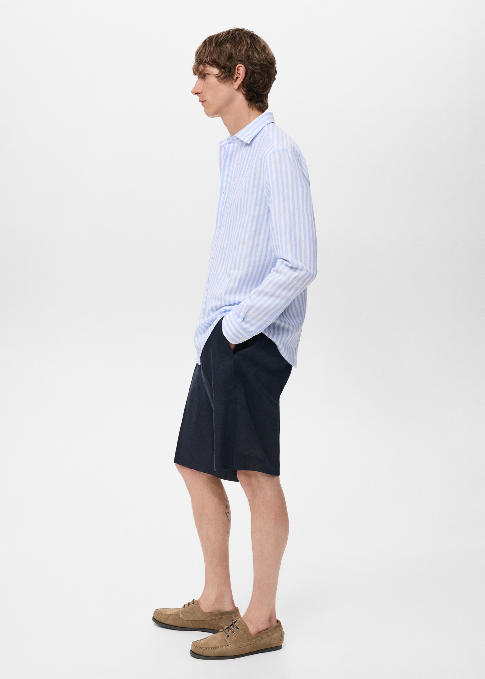 Regular-fit striped cotton-linen shirt - Details of the article 6, Blue. Ref: 17051290-00.