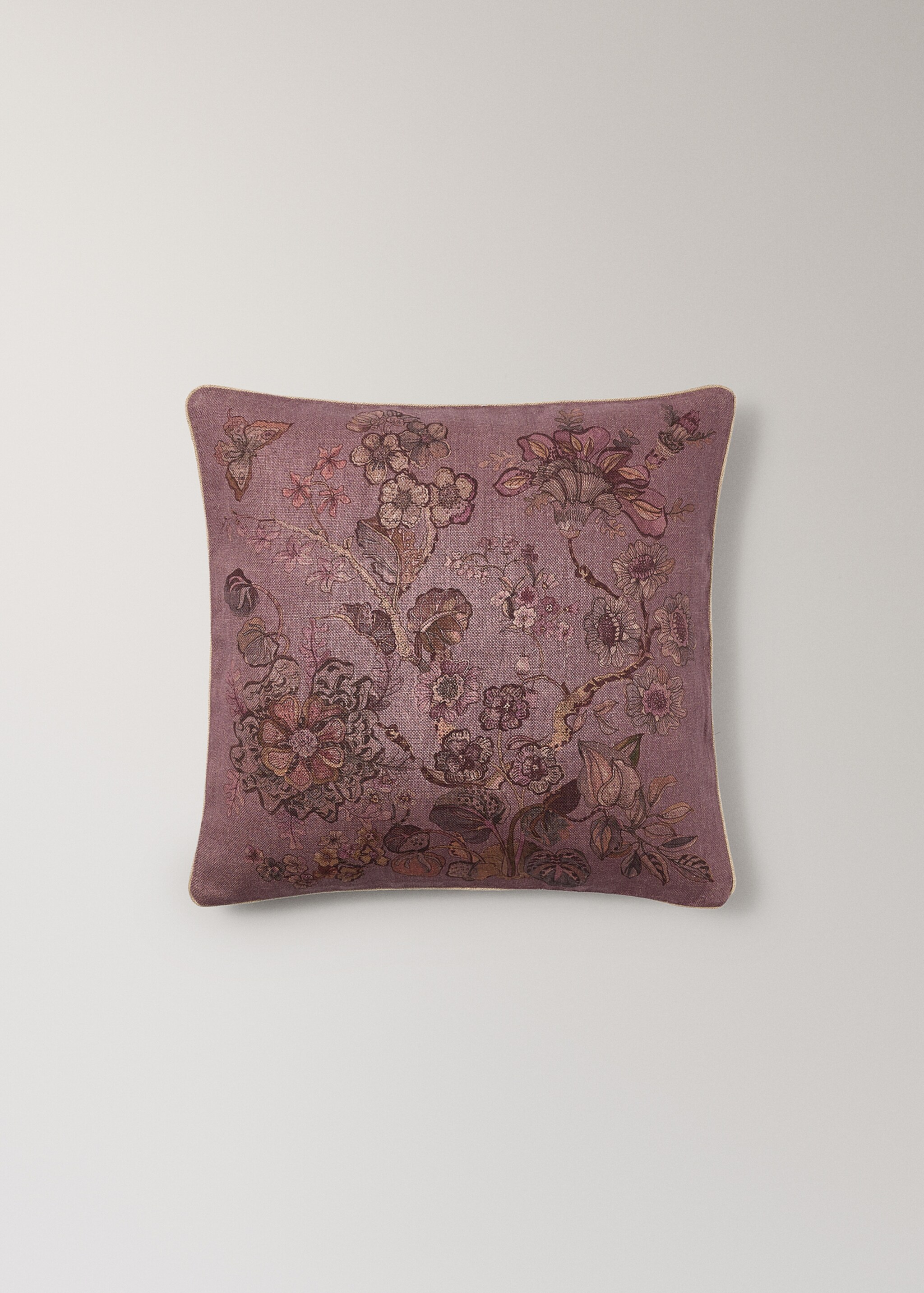 Linen floral-print cushion cover 50x50 cm - Article without model, Medium Pink. Ref: 17051592-00.