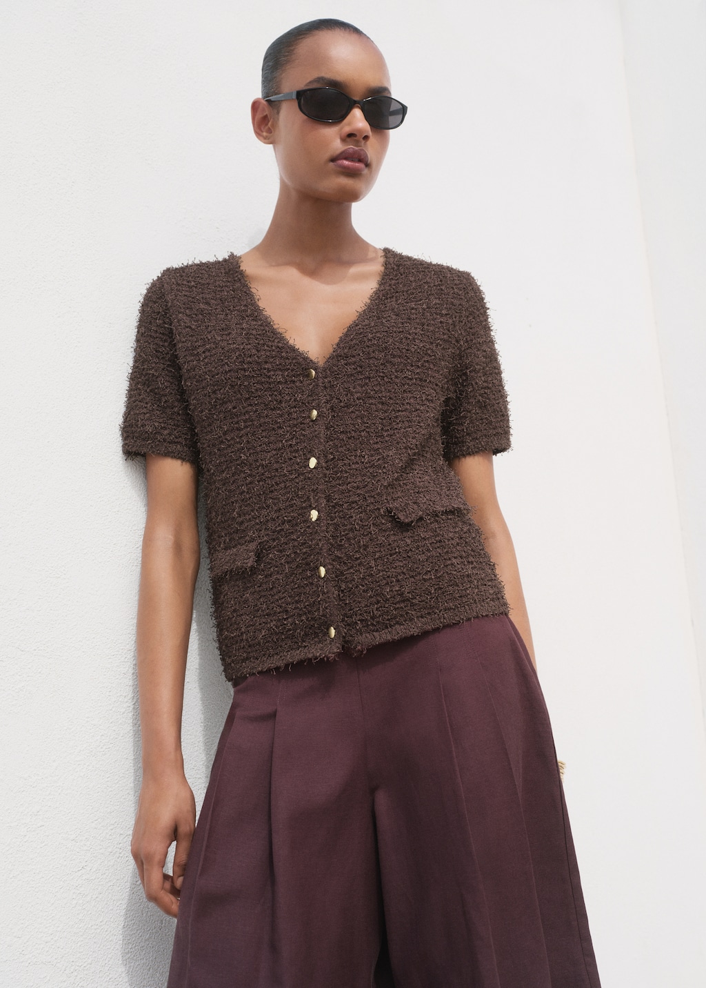 Short-sleeved bouclé cardigan