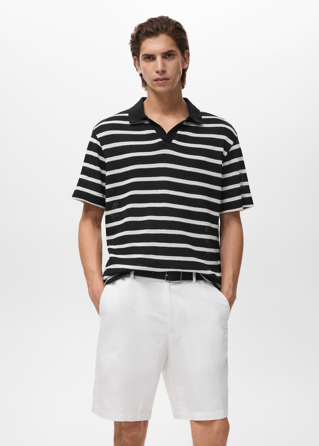 Striped braided-knit polo shirt