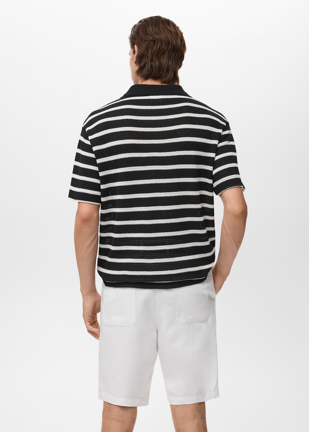 Striped braided-knit polo shirt