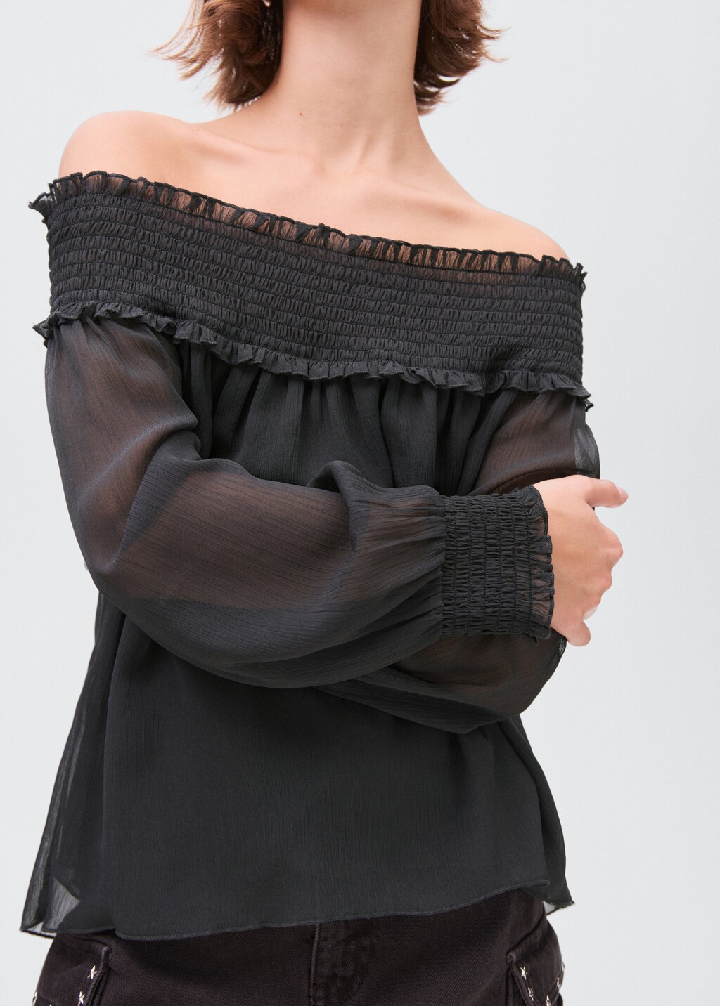 Strapless blouse with ruffled panel