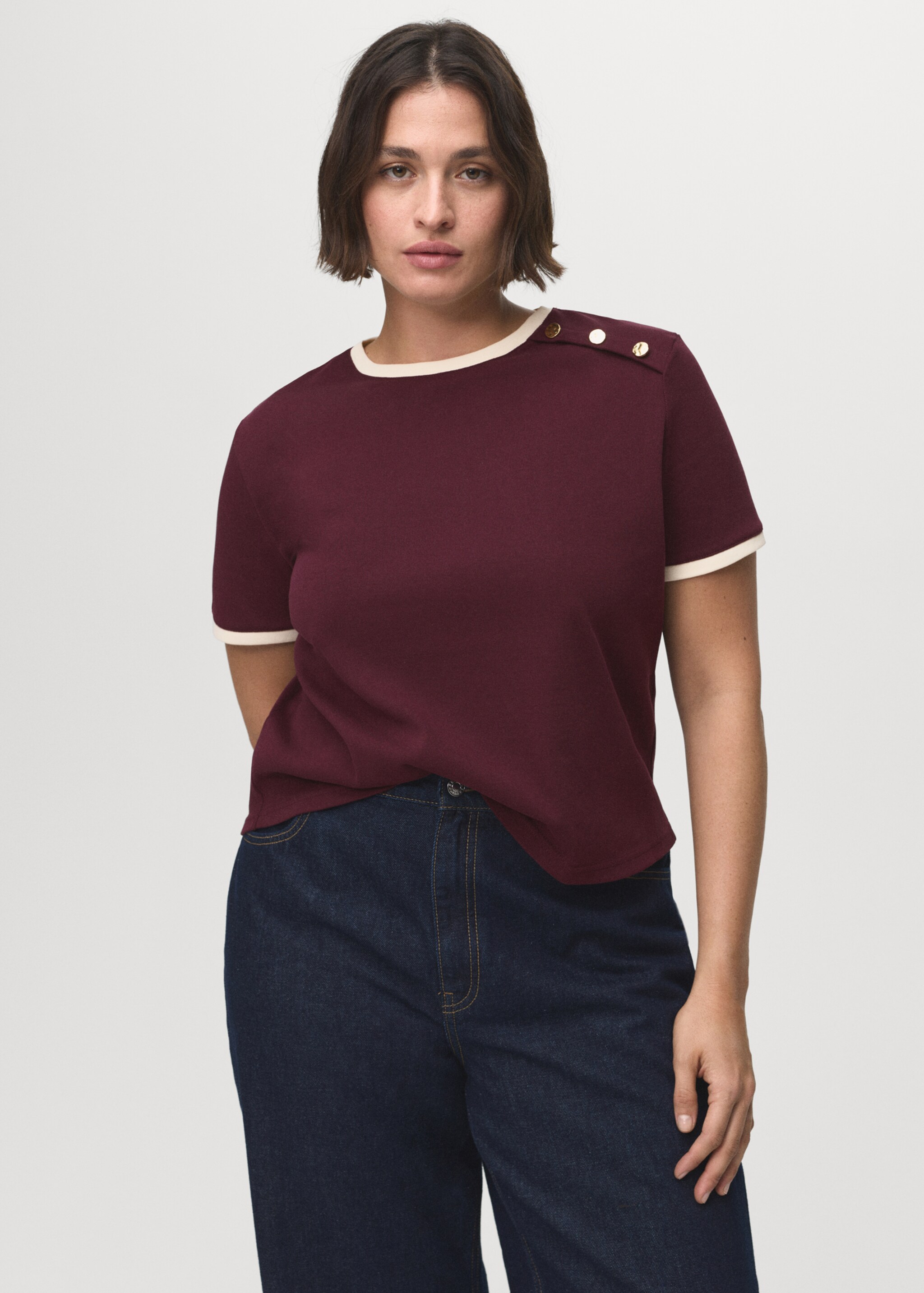 T-shirt coton boutons - Détail de l'article 5, Bordeaux. Ref: 17054084-00.