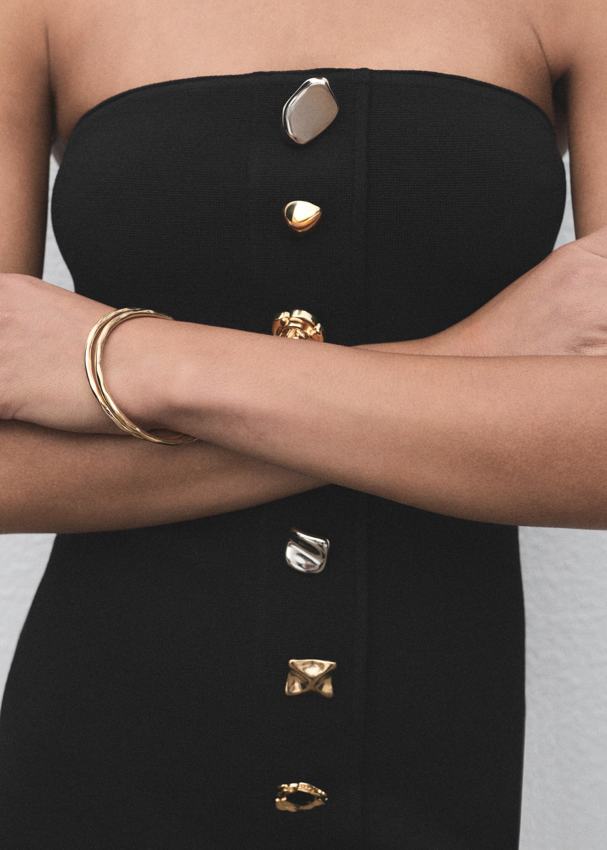 Strapless dress with jewel buttons - Details of the article 6, Black. Ref: 17054139-00.