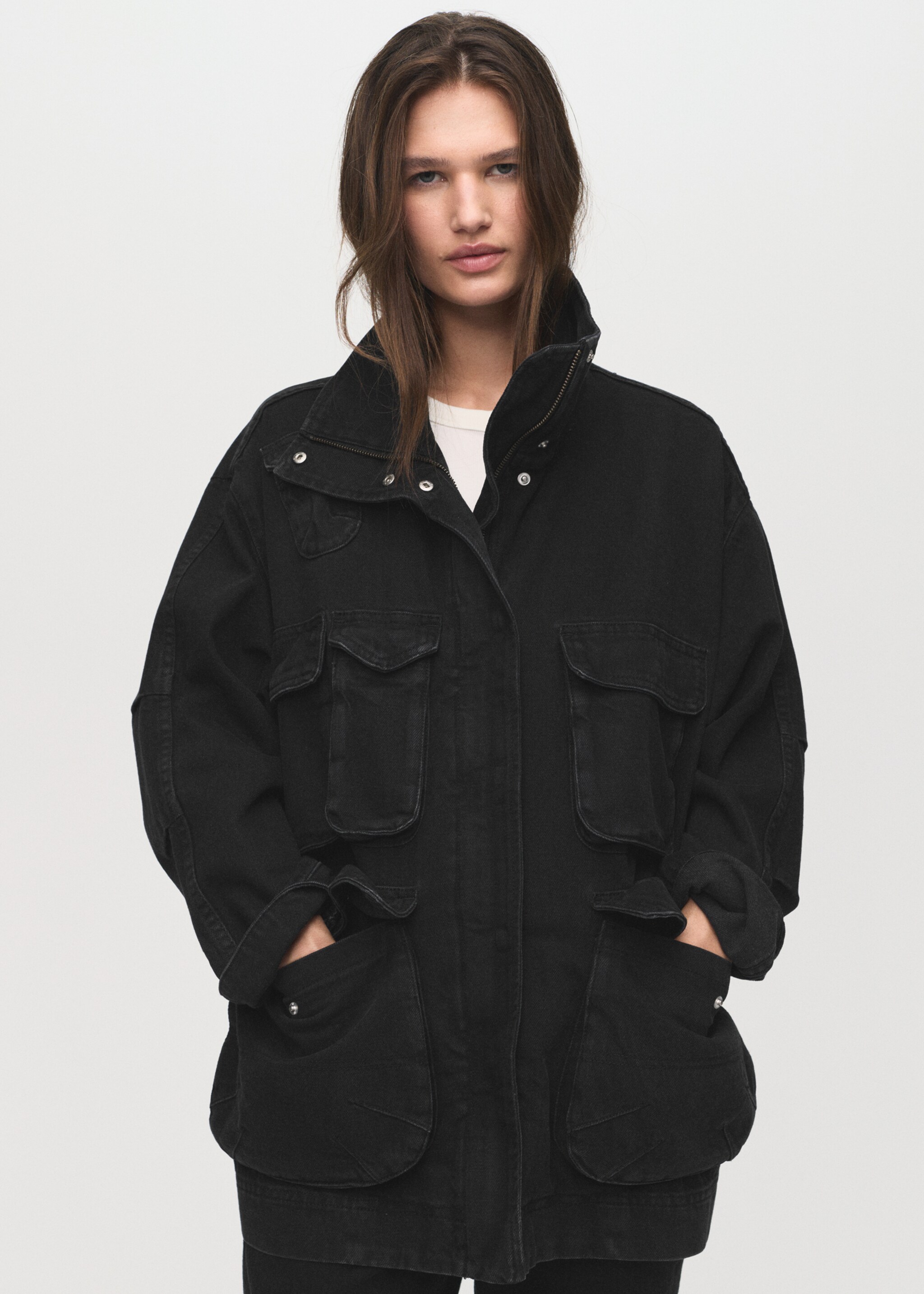 Parka vaquera oversize bolsillos - Plano medio, Denim negro. Ref: 17054141-00.