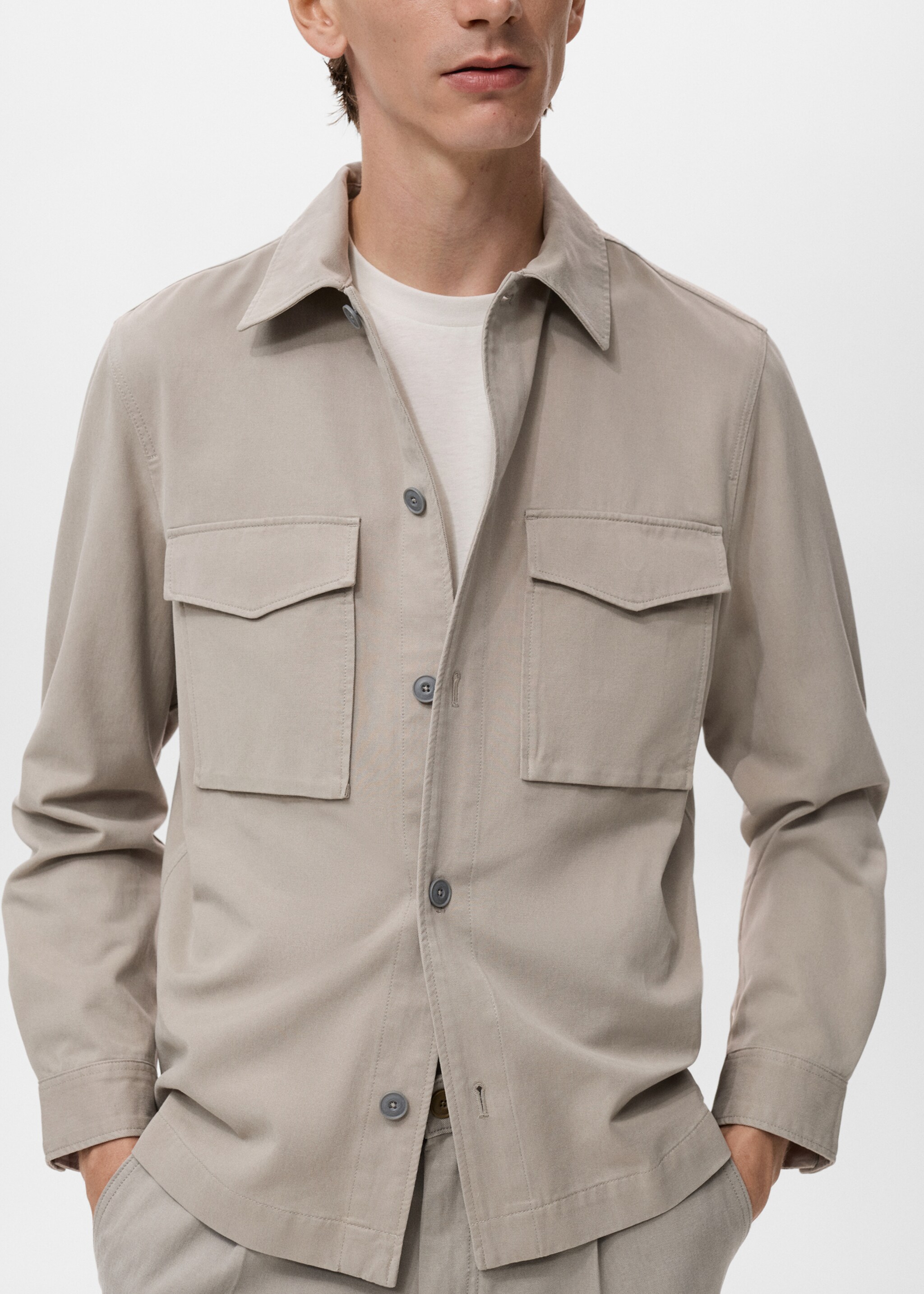 Straight cotton jacket with buttons - Details of the article 6, Light/Pastel Grey. Ref: 17054405-00.