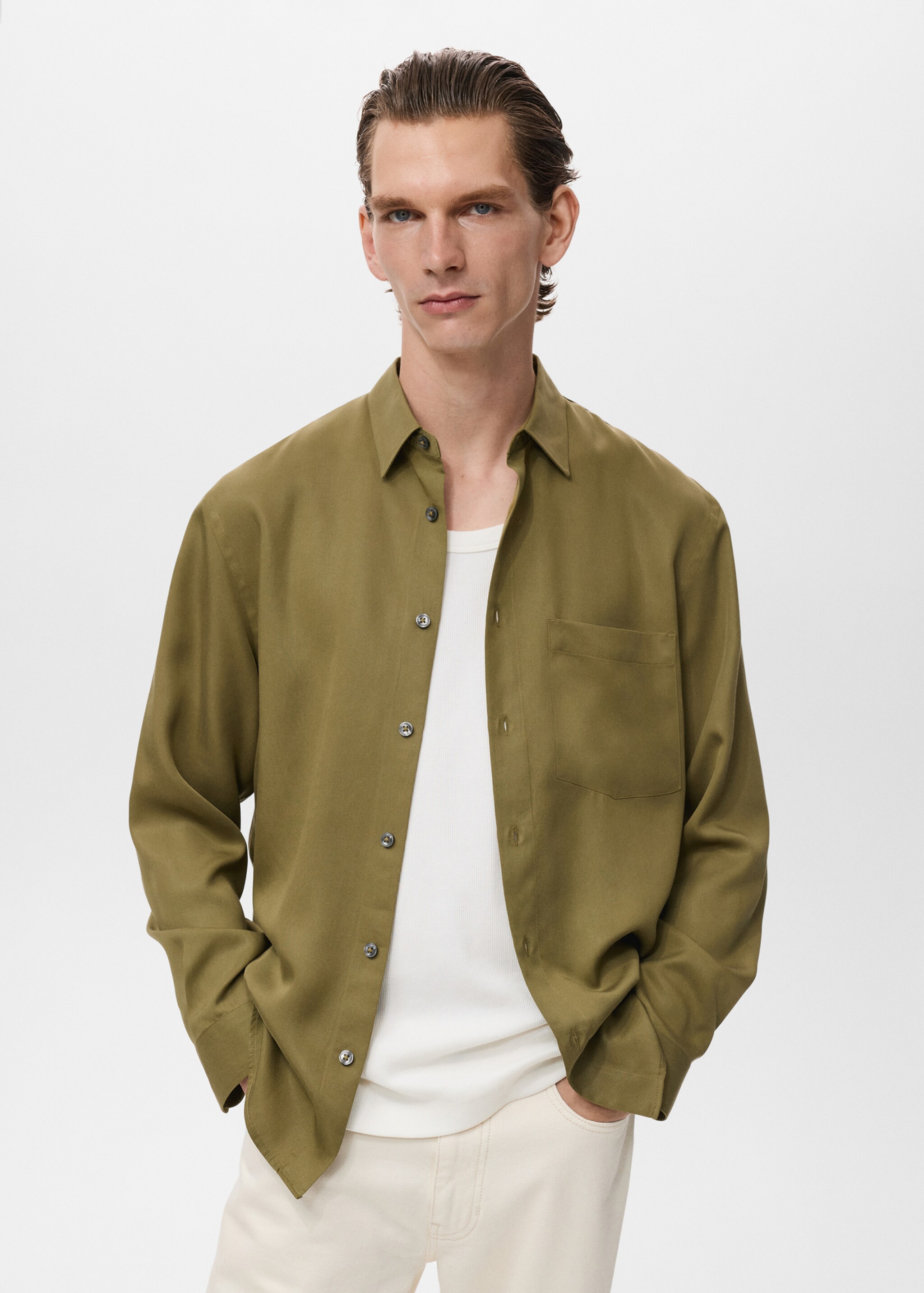 Camisa 100% tencel bolsillo - Plano medio, Oliva. Ref: 17054430-00.