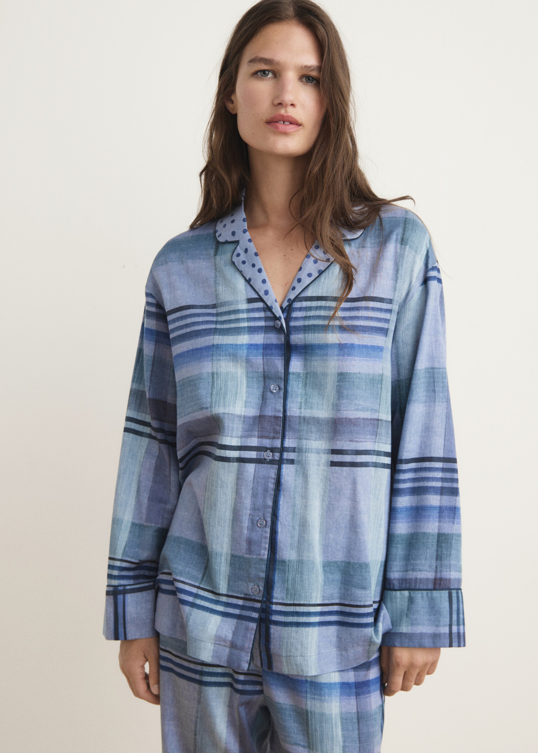 Printed pyjama shirt with piping - Medium plane, Ink Blue. Ref: 17054437-00.