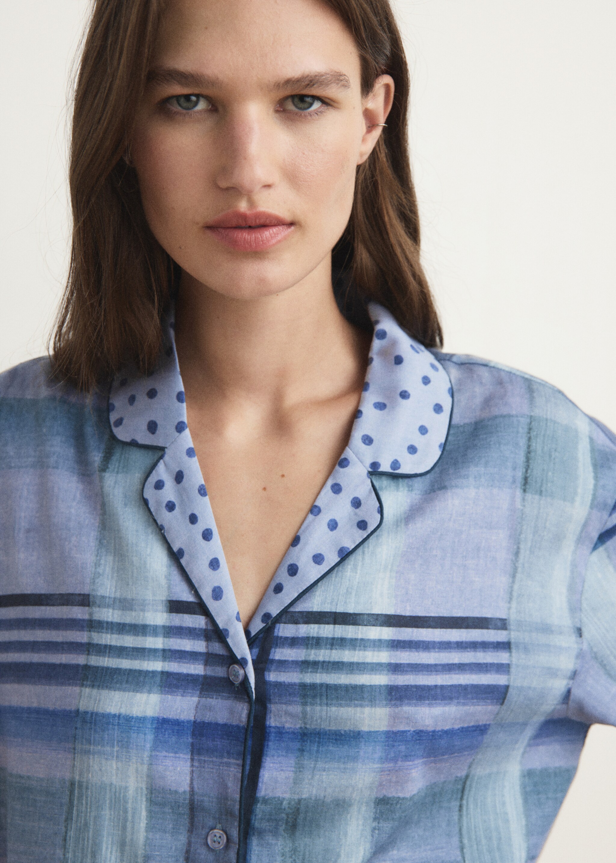 Printed pyjama shirt with piping - Details of the article 1, Ink Blue. Ref: 17054437-00.