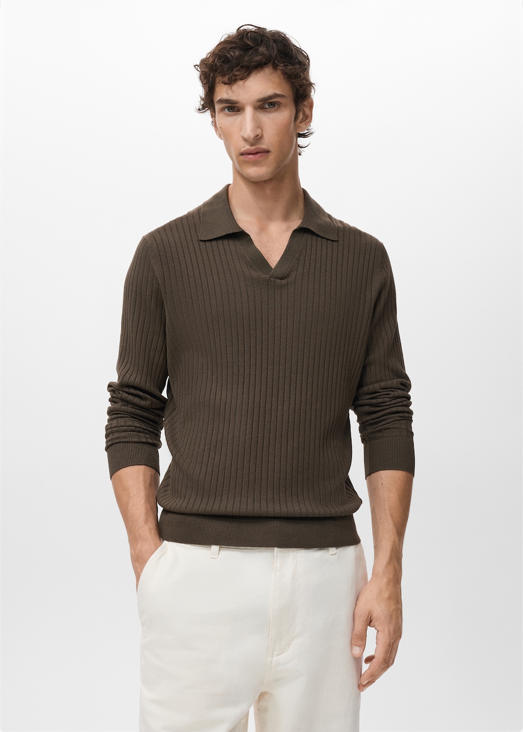 Ribbed knitted polo sweater
