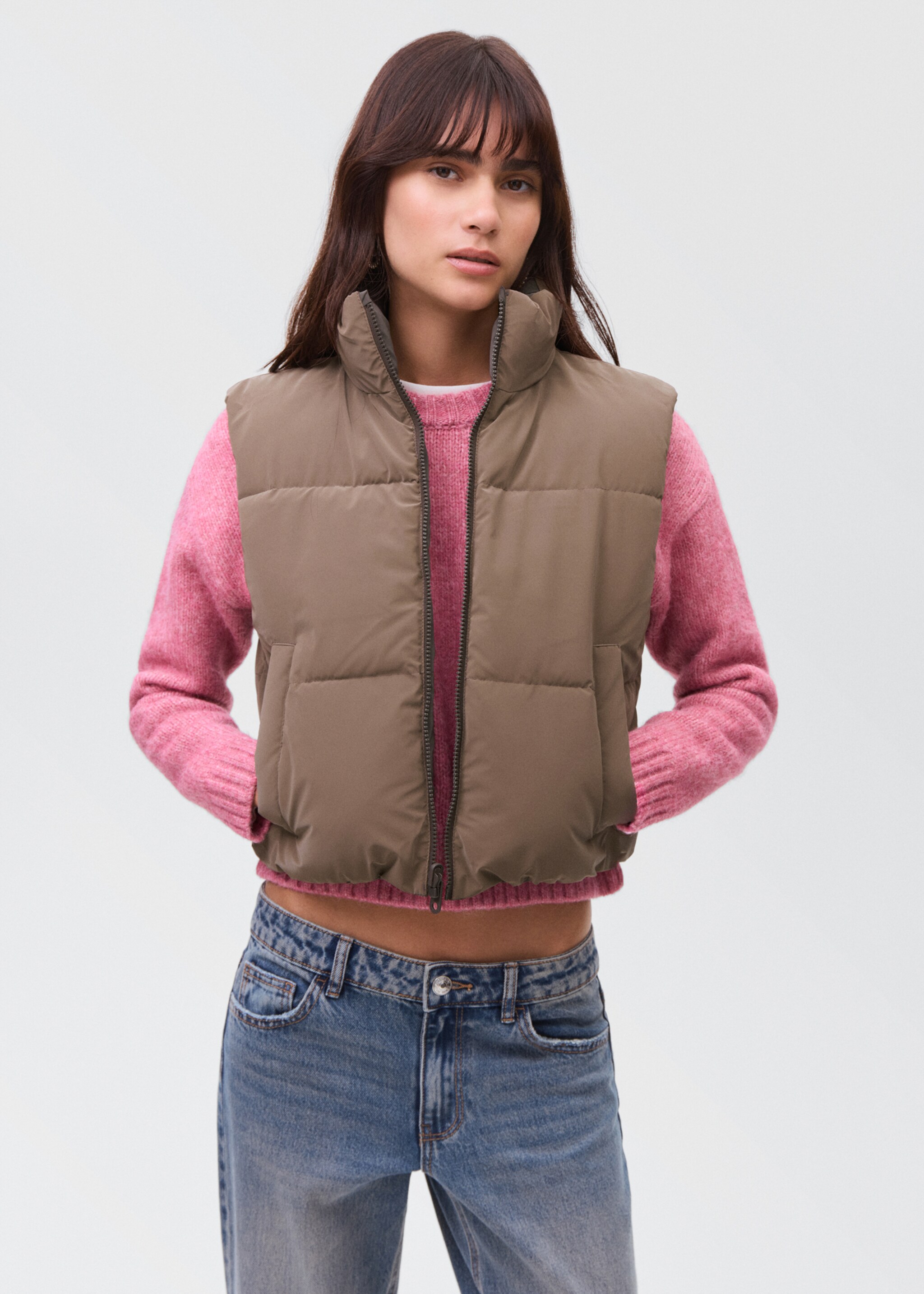 Cropped quilted gilet - Medium plane, Brown. Ref: 17055783-00.