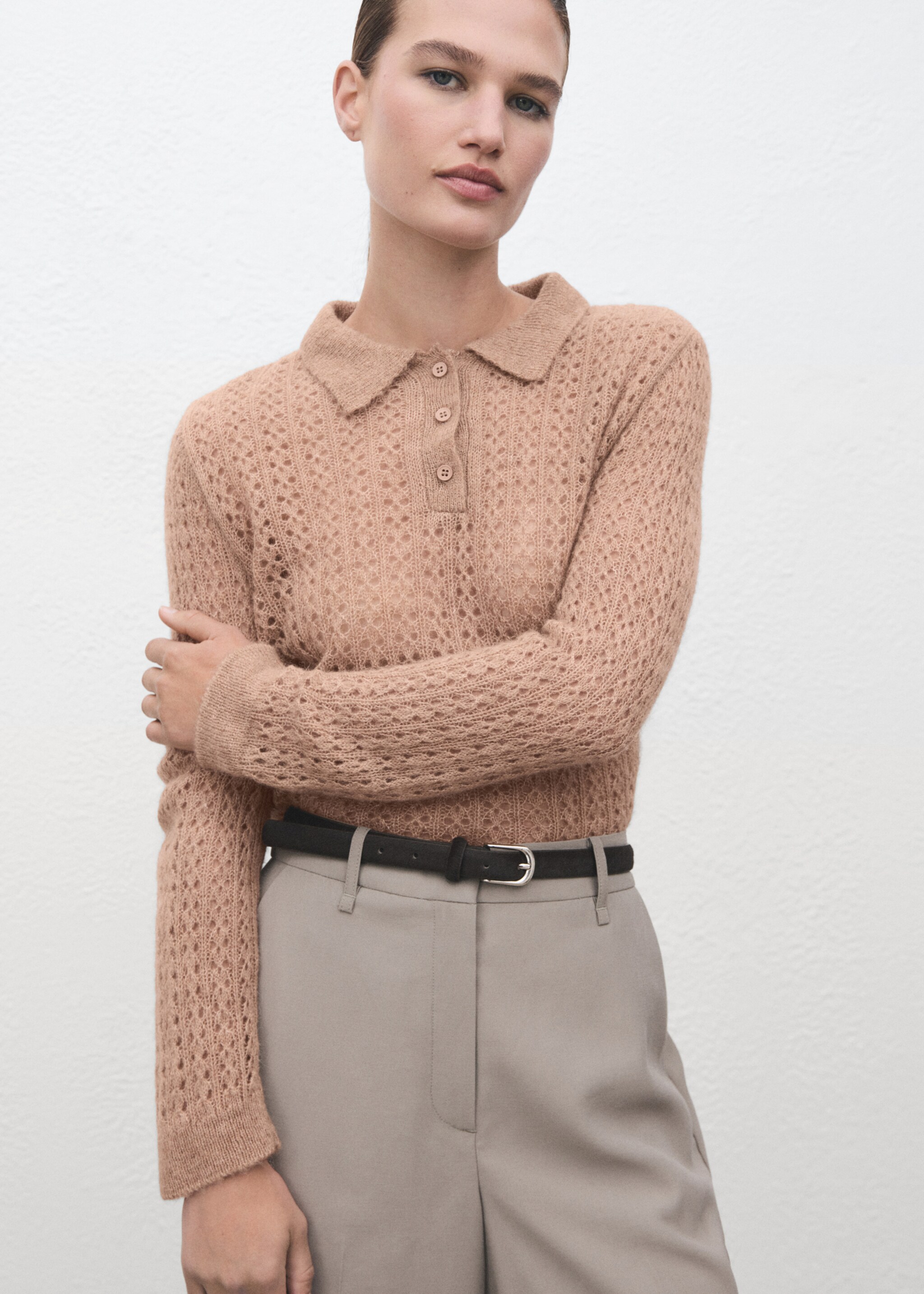 Openwork knitted polo-neck sweater - Medium plane, Medium Brown. Ref: 17055823-00.