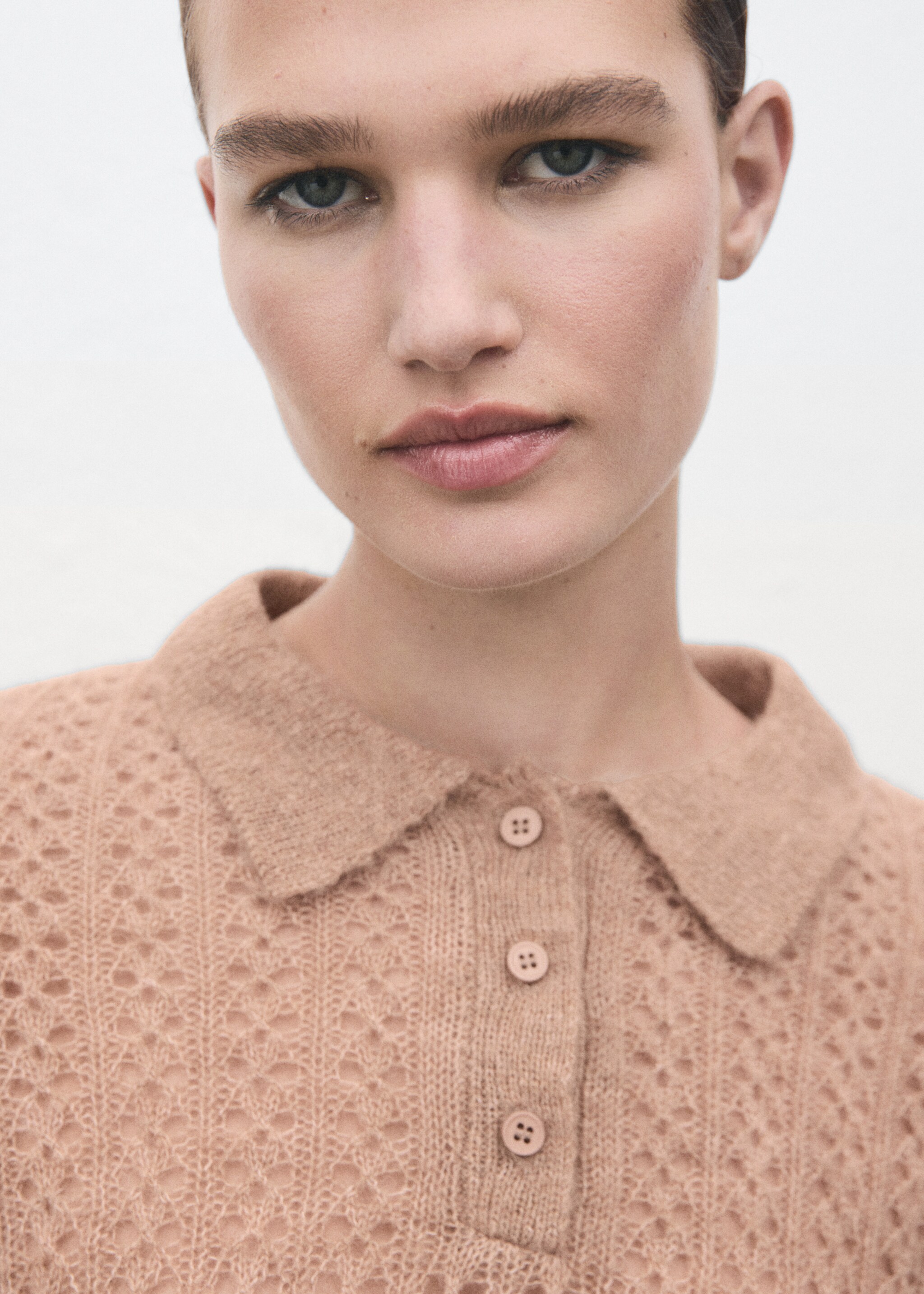 Openwork knitted polo-neck sweater - Details of the article 1, Medium Brown. Ref: 17055823-00.