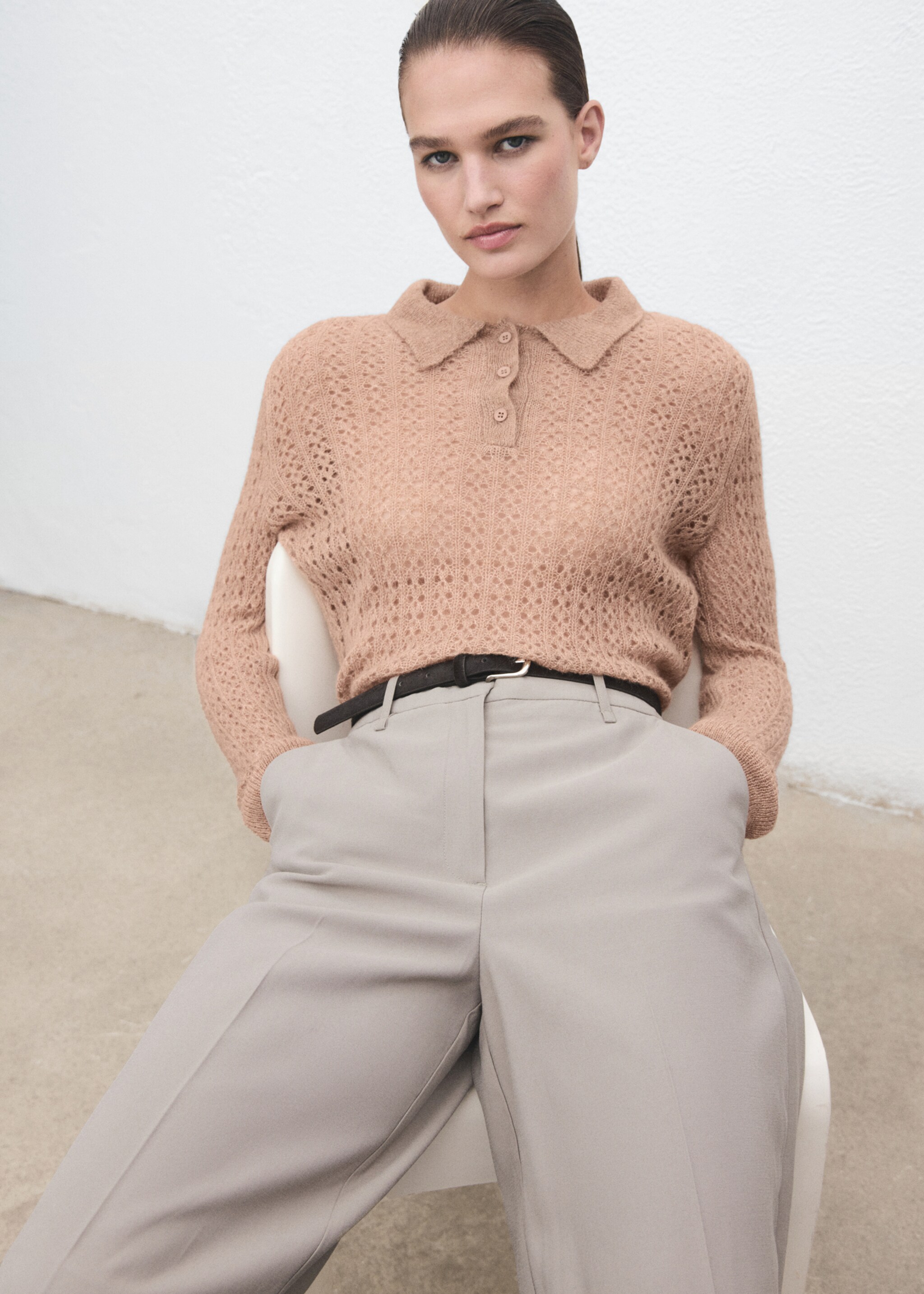 Openwork knitted polo-neck sweater - Details of the article 2, Medium Brown. Ref: 17055823-00.