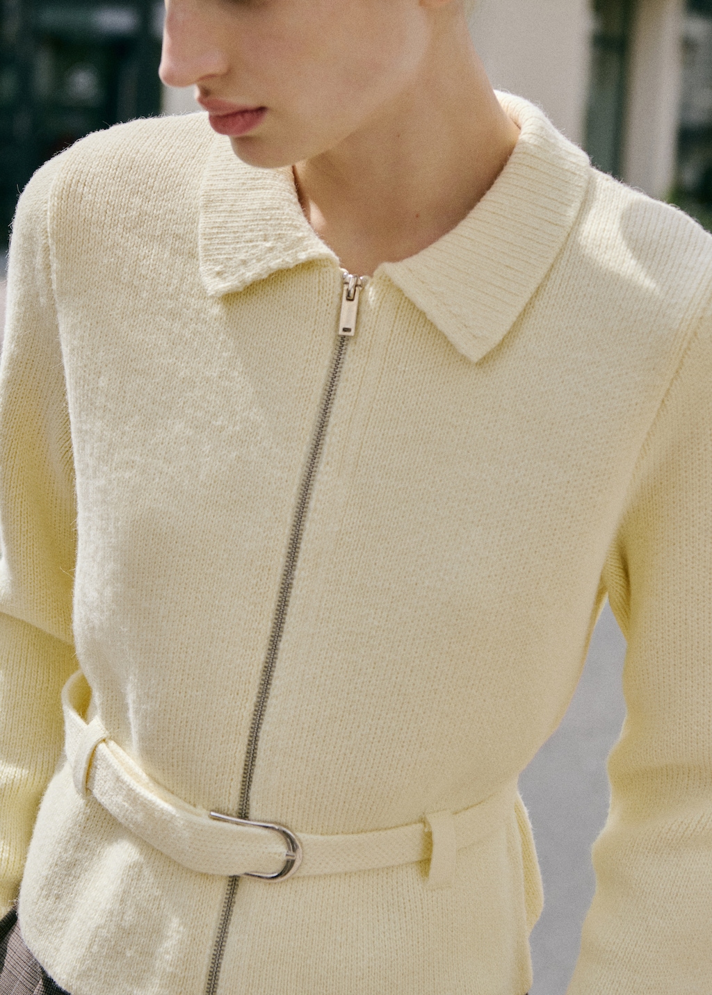 Knitted jacket with belt and buckle