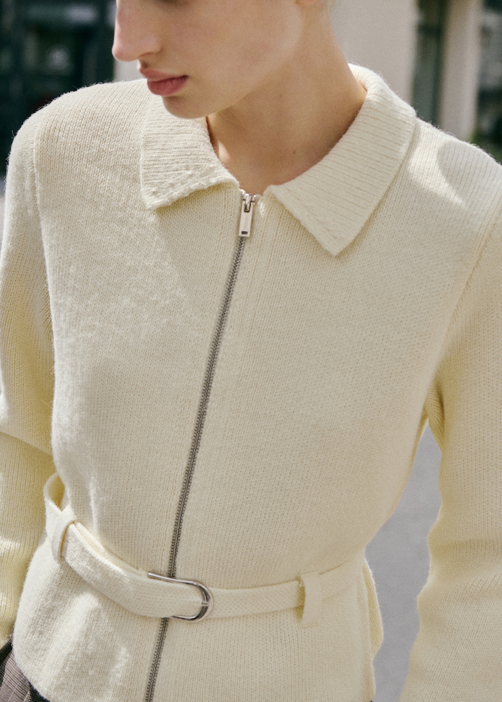 Knitted jacket with belt and buckle